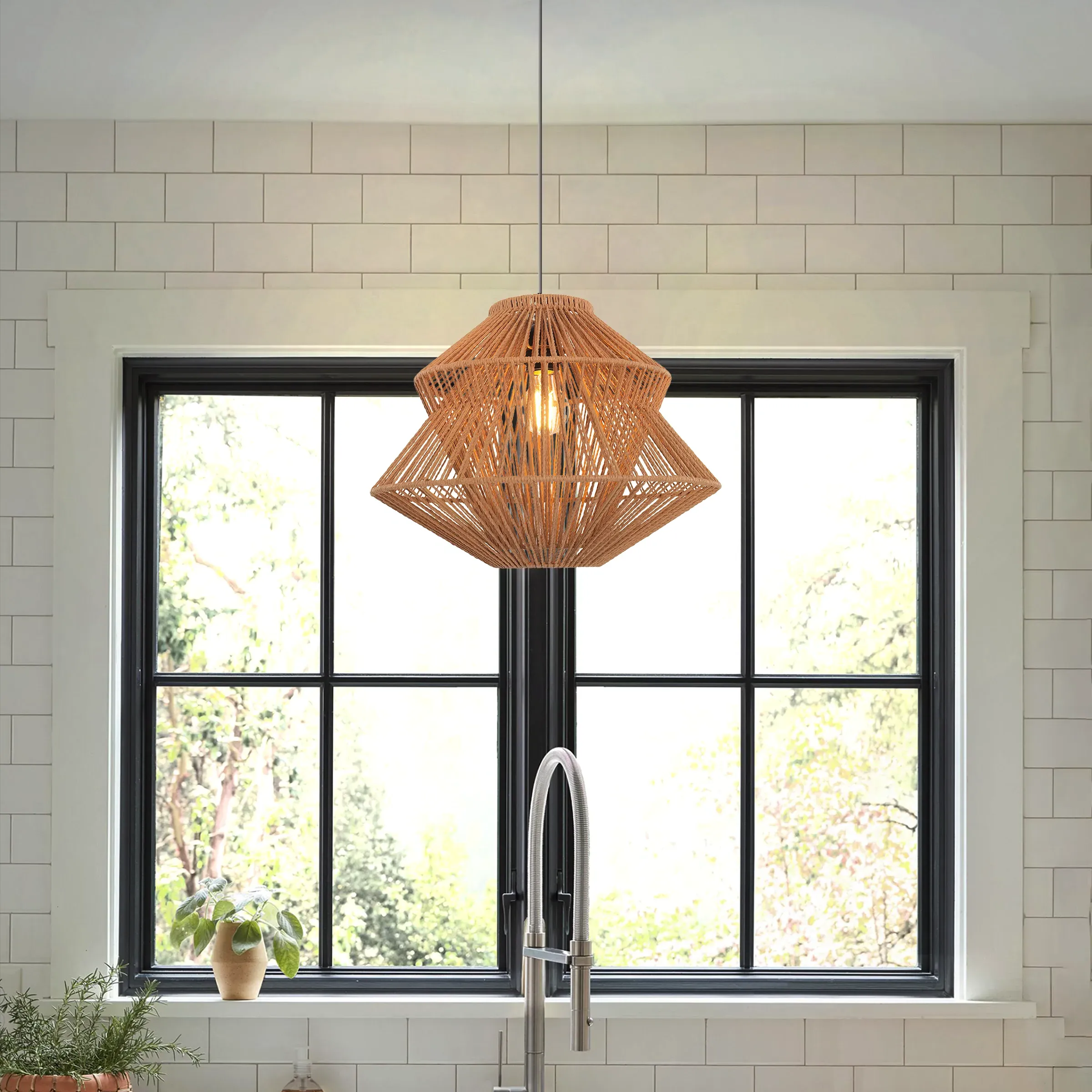 Handwoven Pendant Light - Brown, Paper Rope