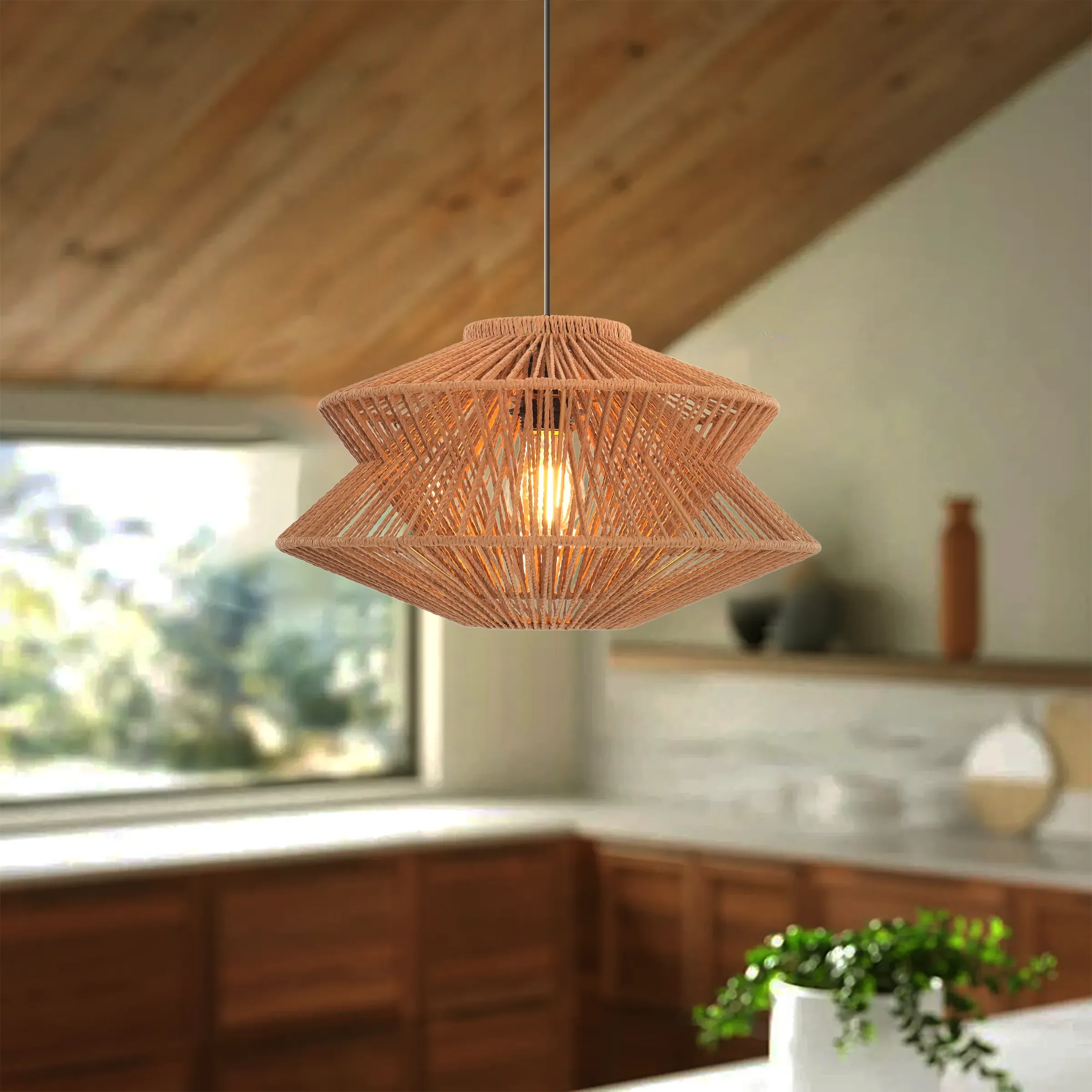 Handwoven Pendant Light - Brown, Paper Rope