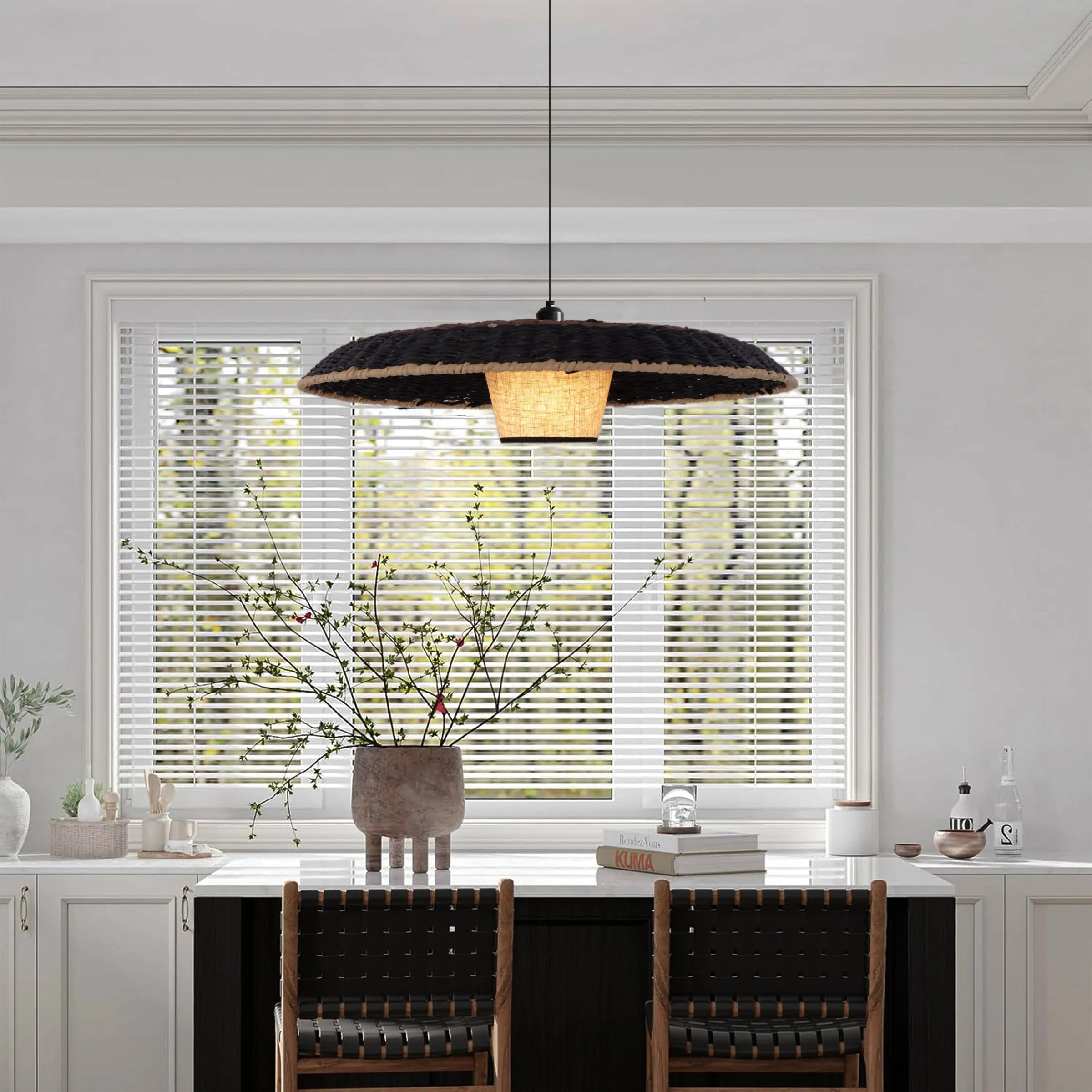 Handwoven Pendant Light with Adjustable Cord - Black