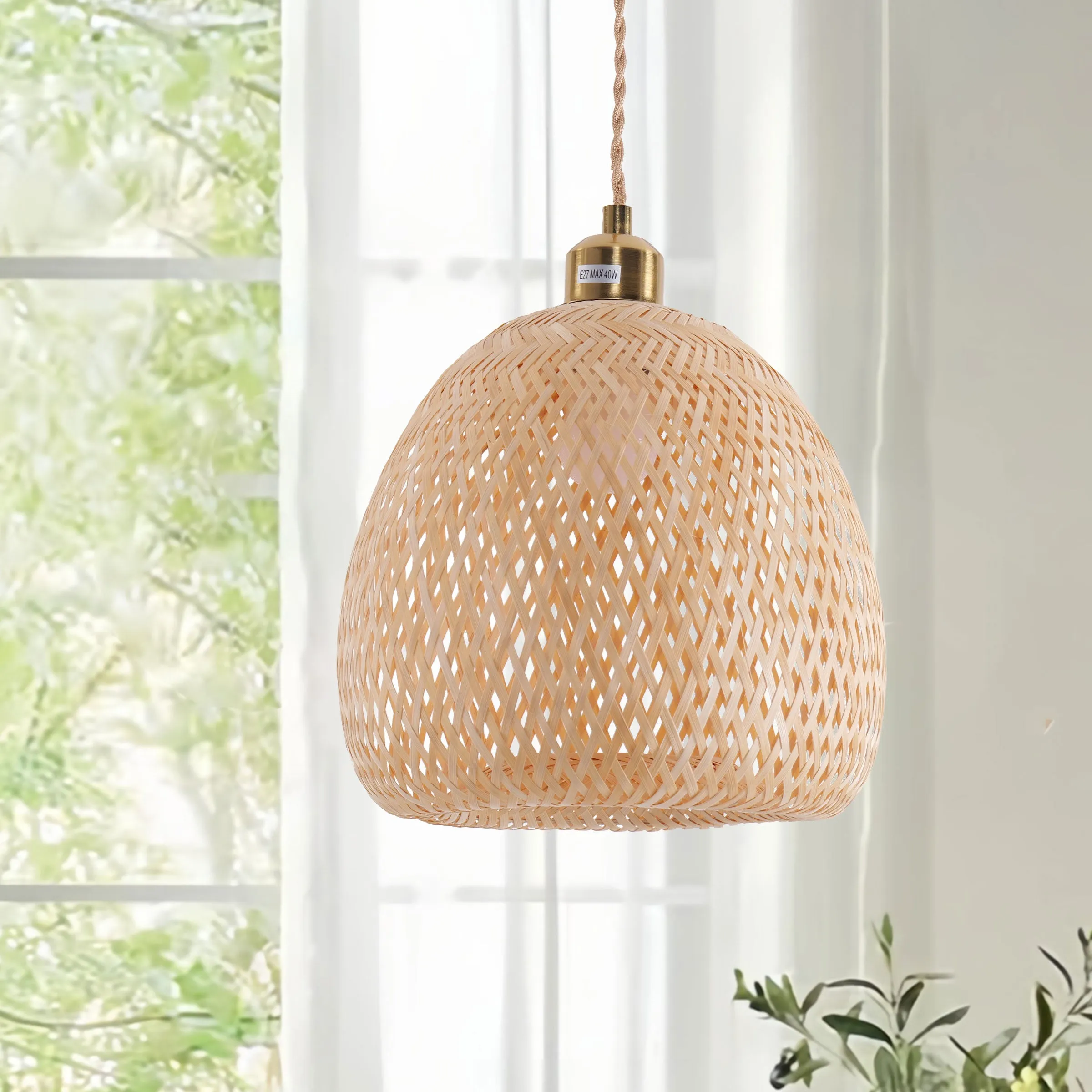 Handwoven Pendant Light with E27 Socket - Natural, Bamboo