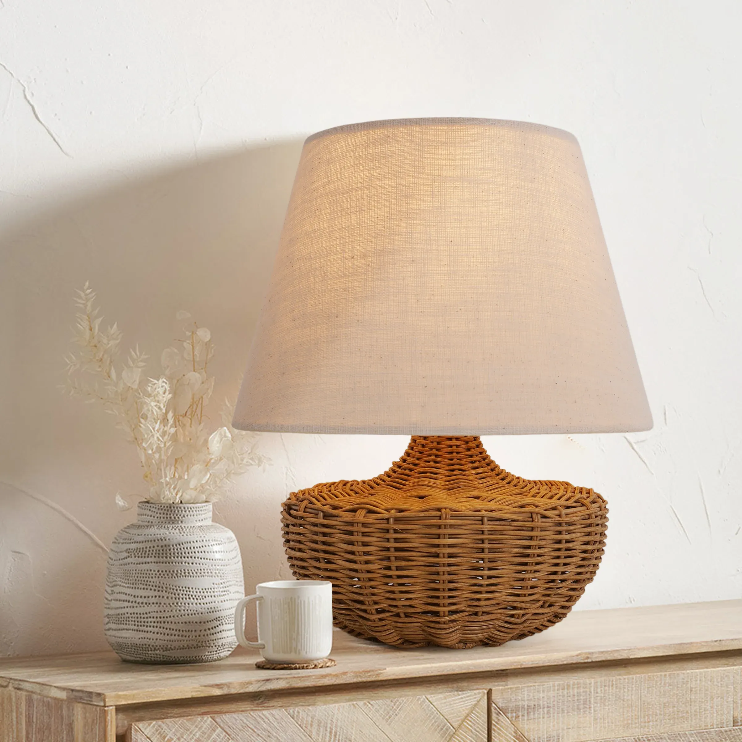 Handwoven Table Lamp with Linen Shade - Natural, Rattan image