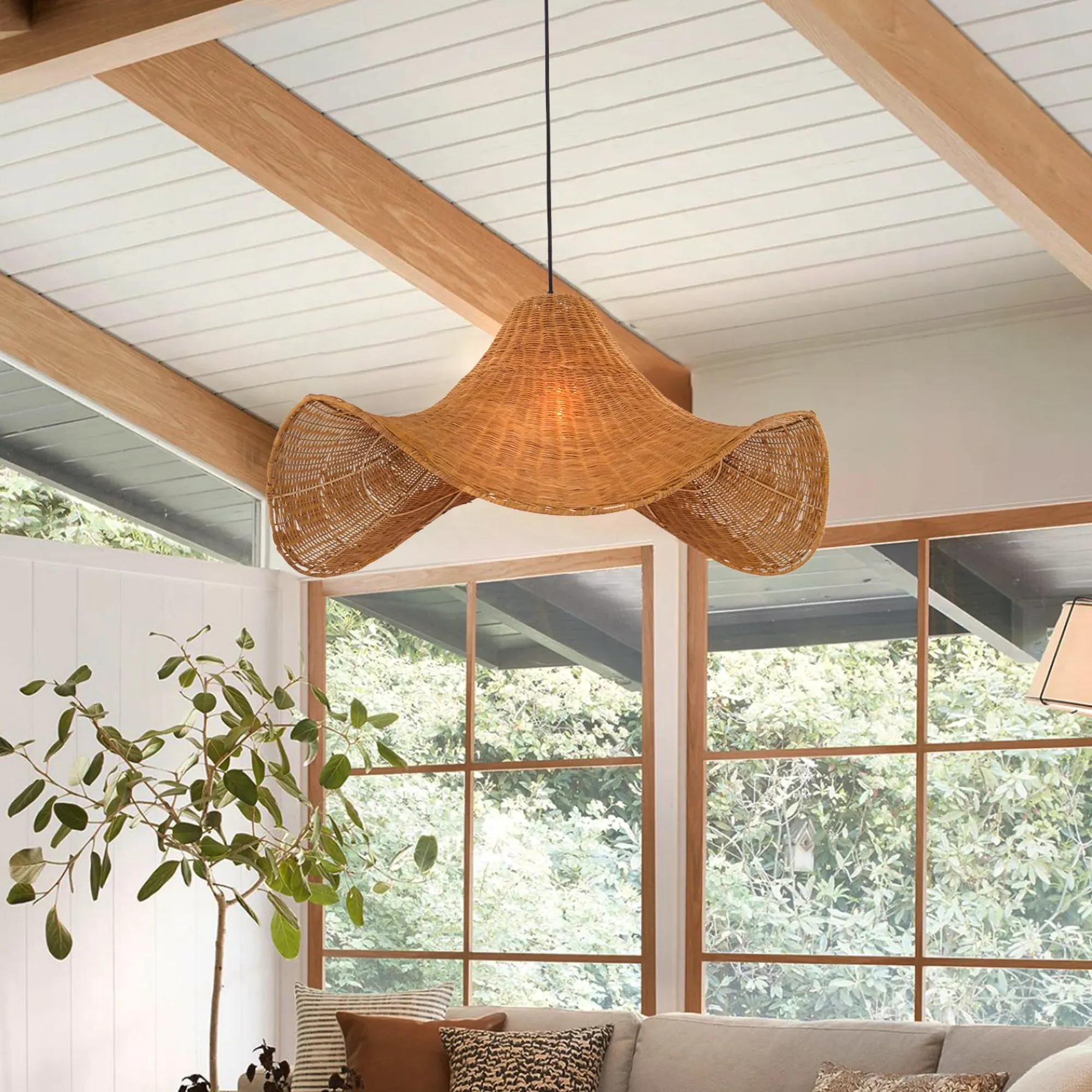 Hat-Shaped Pendant Light Handwoven - Natural, Rattan