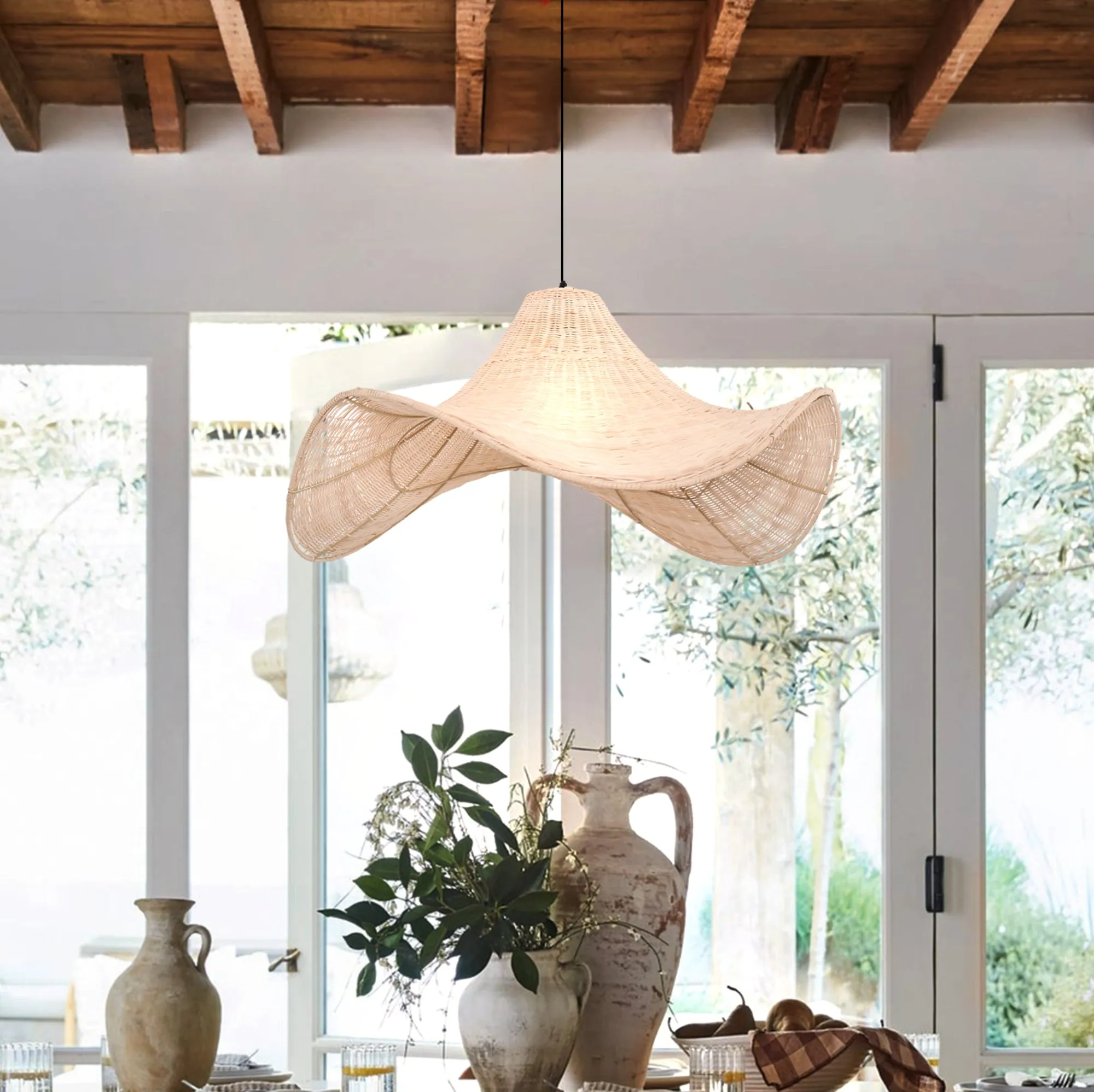 Hat-Shaped Pendant Light Handwoven - Natural, Rattan