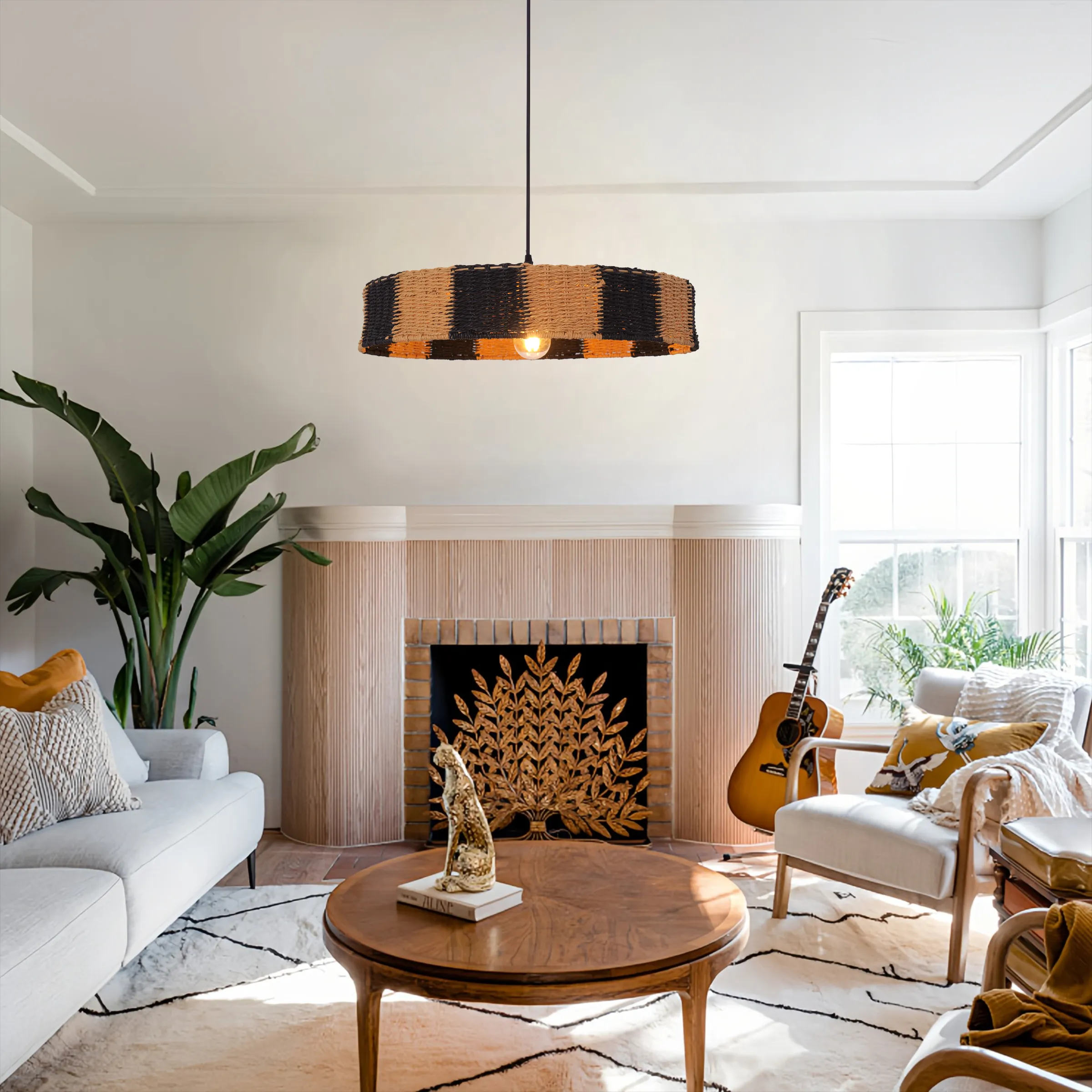 Hexagonal Pendant Light with Woven Shade - Brown