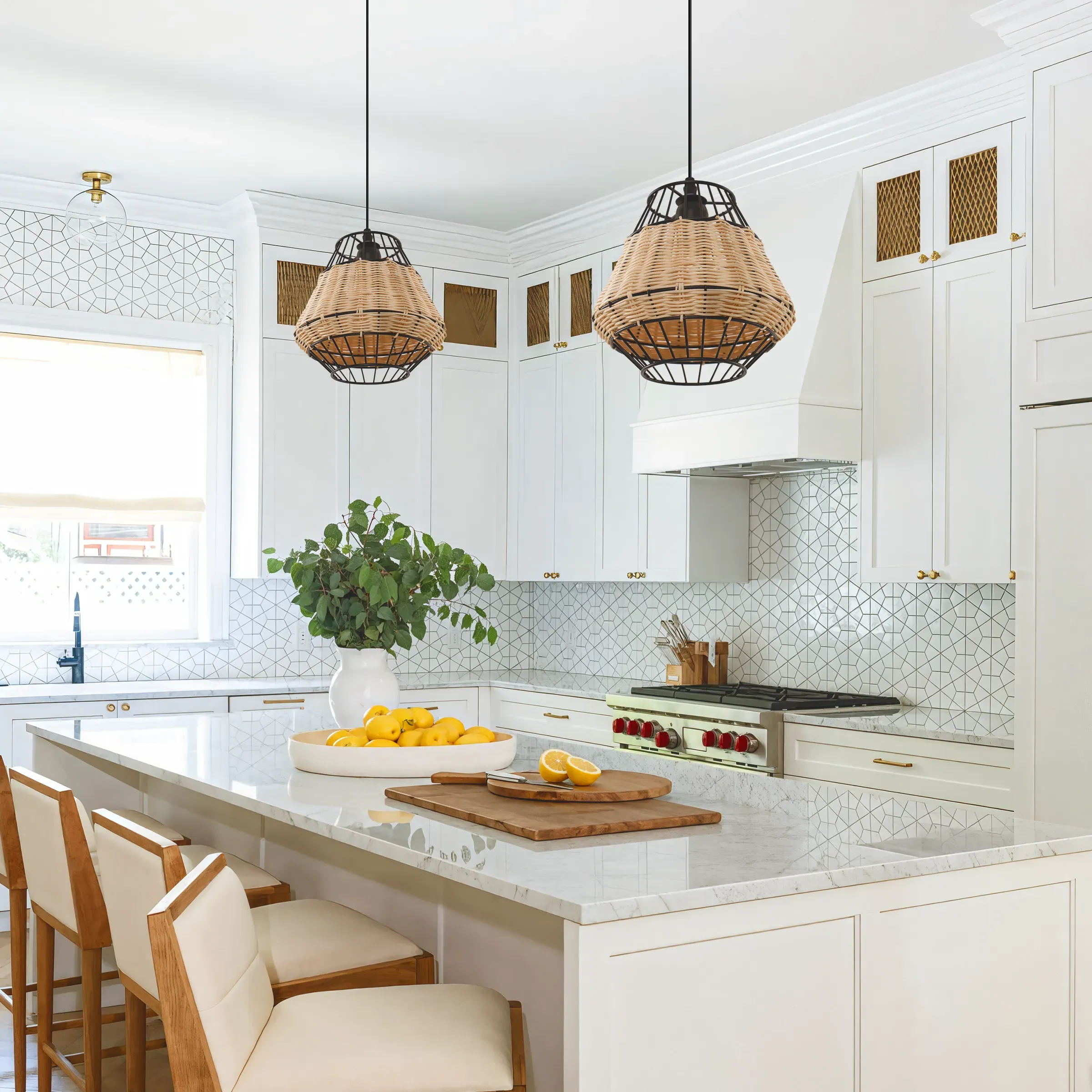Hexagonal Pendant Light with Woven Shade - Natural