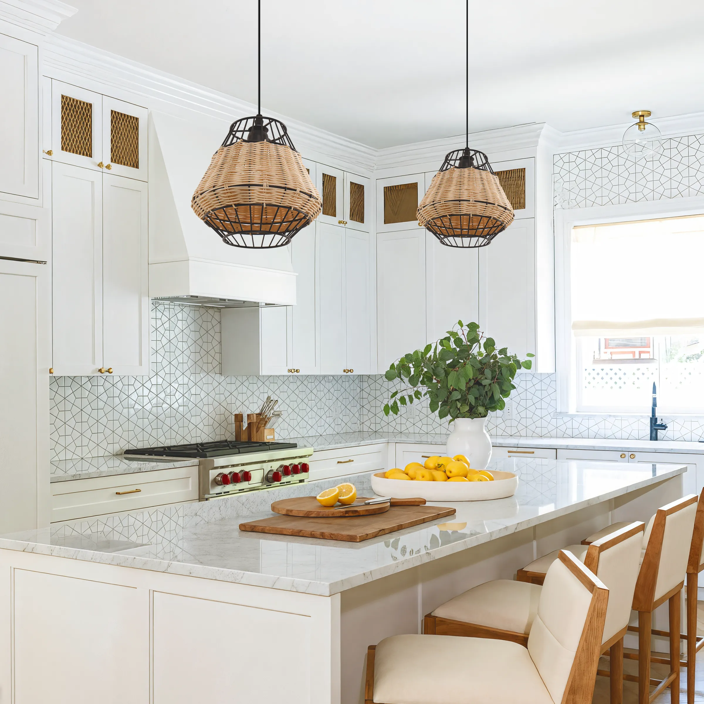 Hexagonal Pendant Light with Woven Shade - Natural