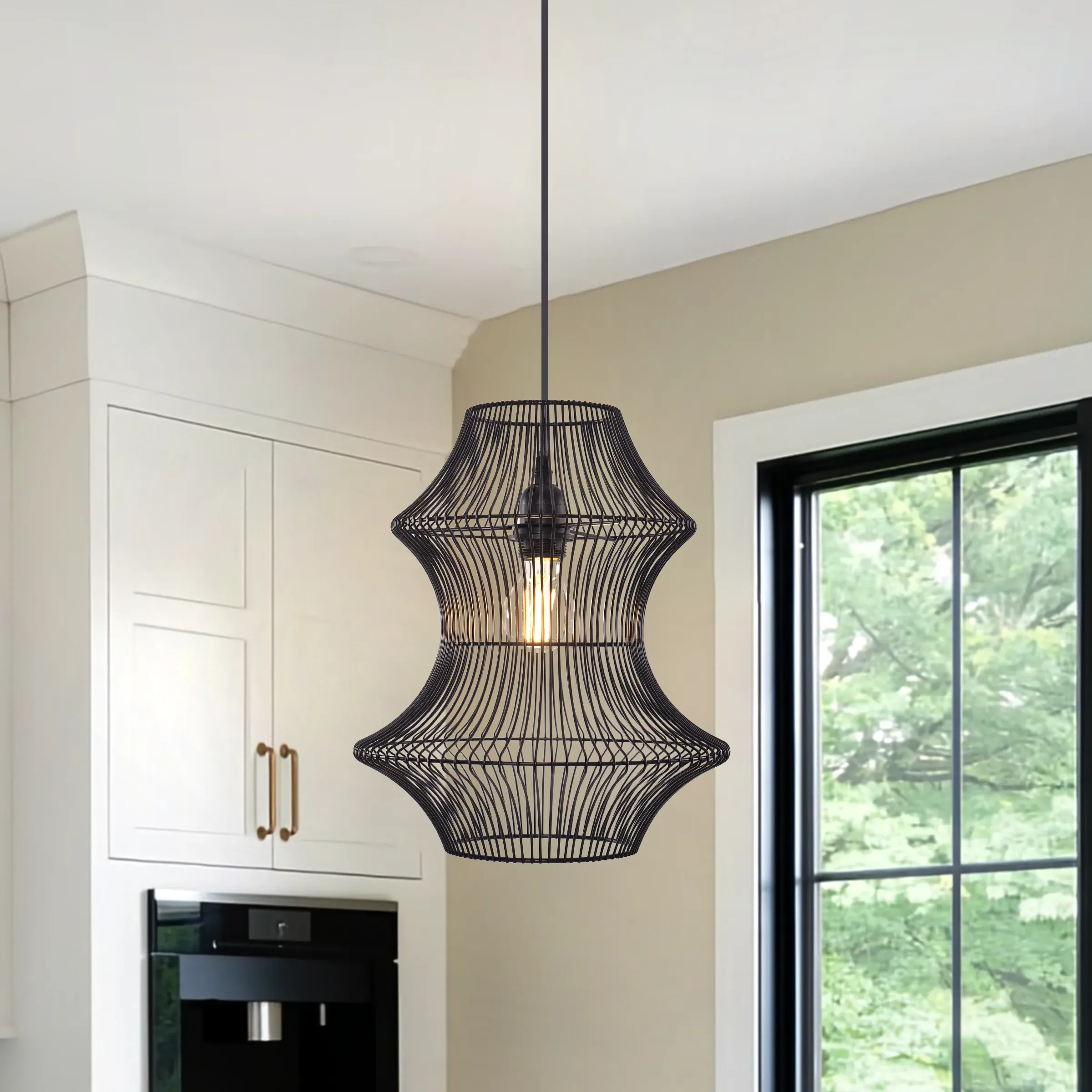 Hourglass Pendant Light with Wire Frame - Black, Iron