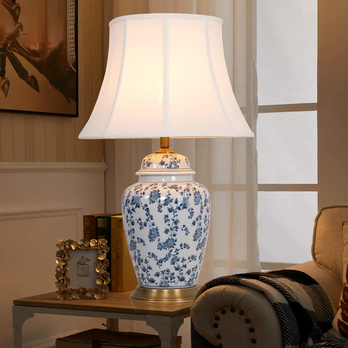 Large Table Lamp with Floral Design - Blue, Ceramic