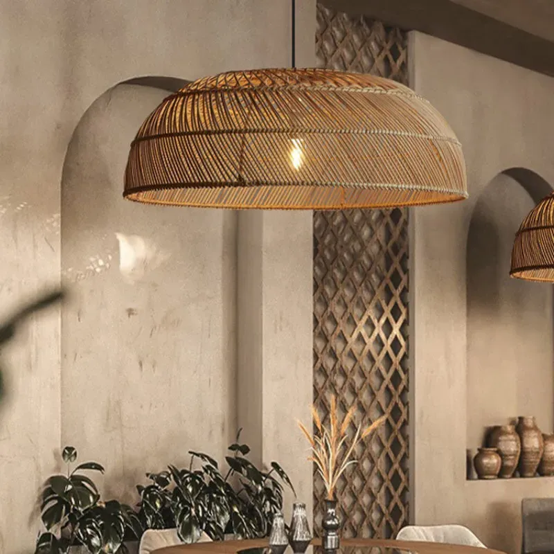 Lid-Shaped Pendant Light with LED - Natural, Rattan image