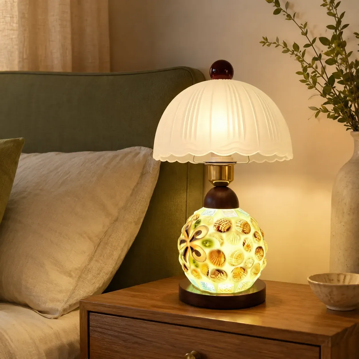 Mosaic Seashell Table Lamp - Shell-Patterned, Wood & Glass product