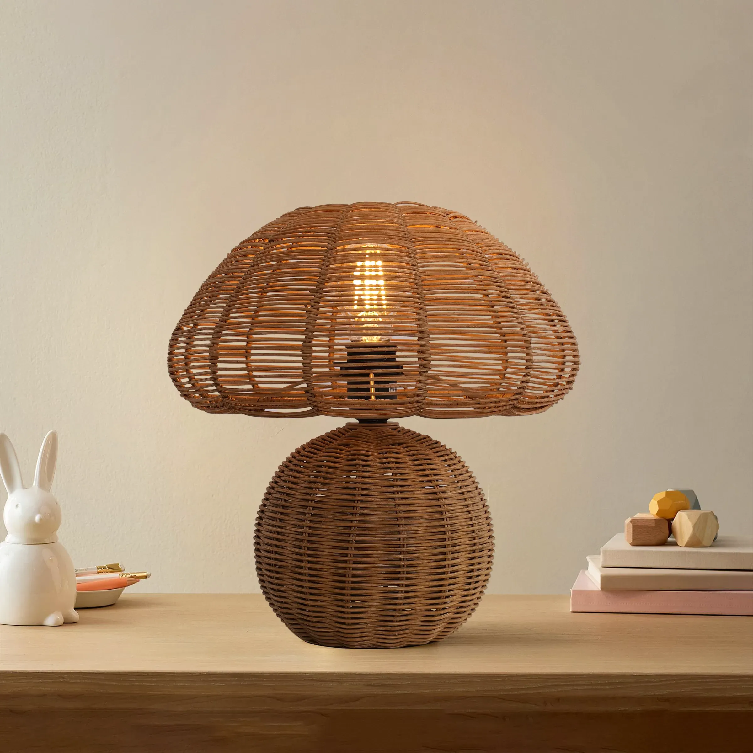 Mushroom Table Lamp Handcrafted - Natural, Rattan image