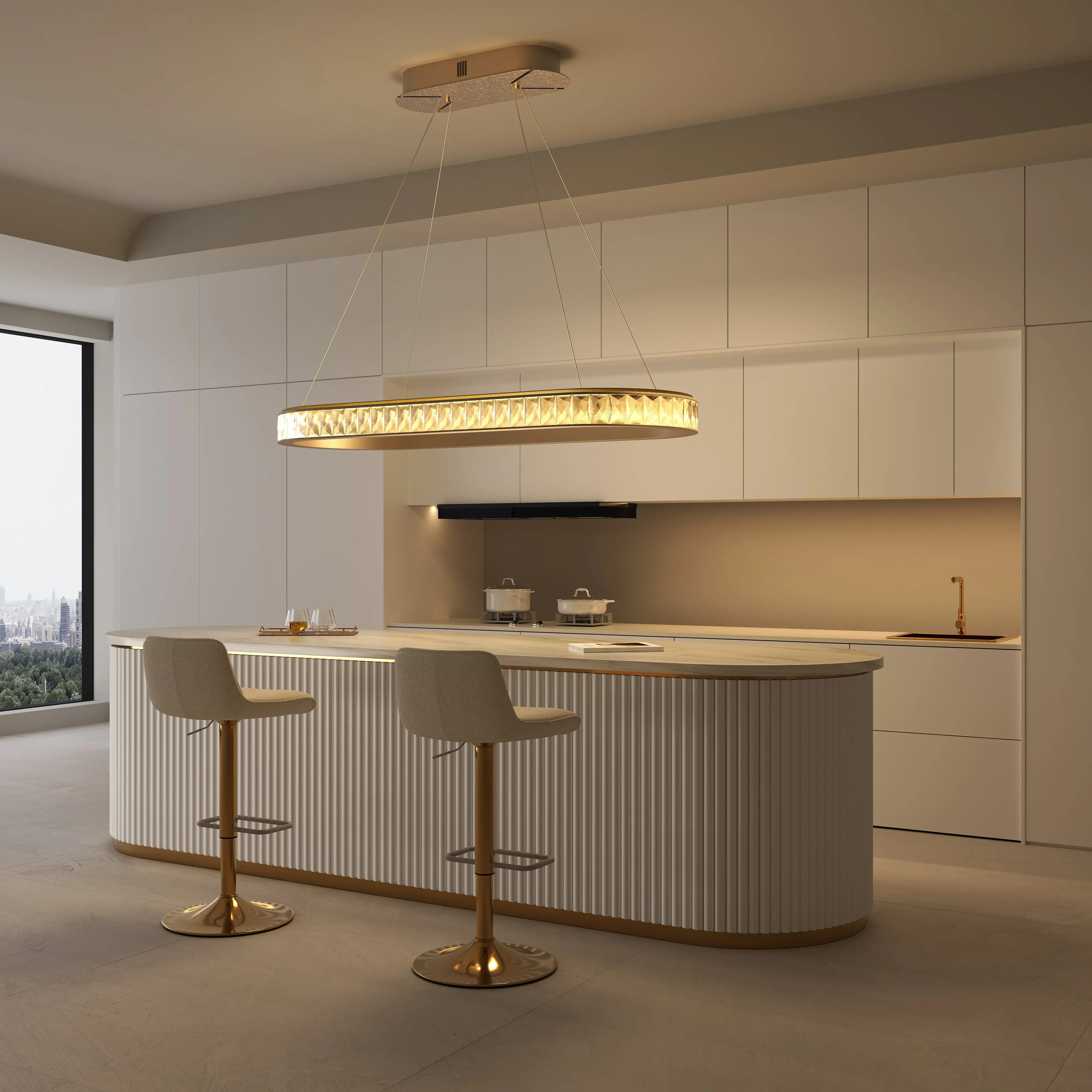 Oval Pendant Light with Crystal Accents - Gold