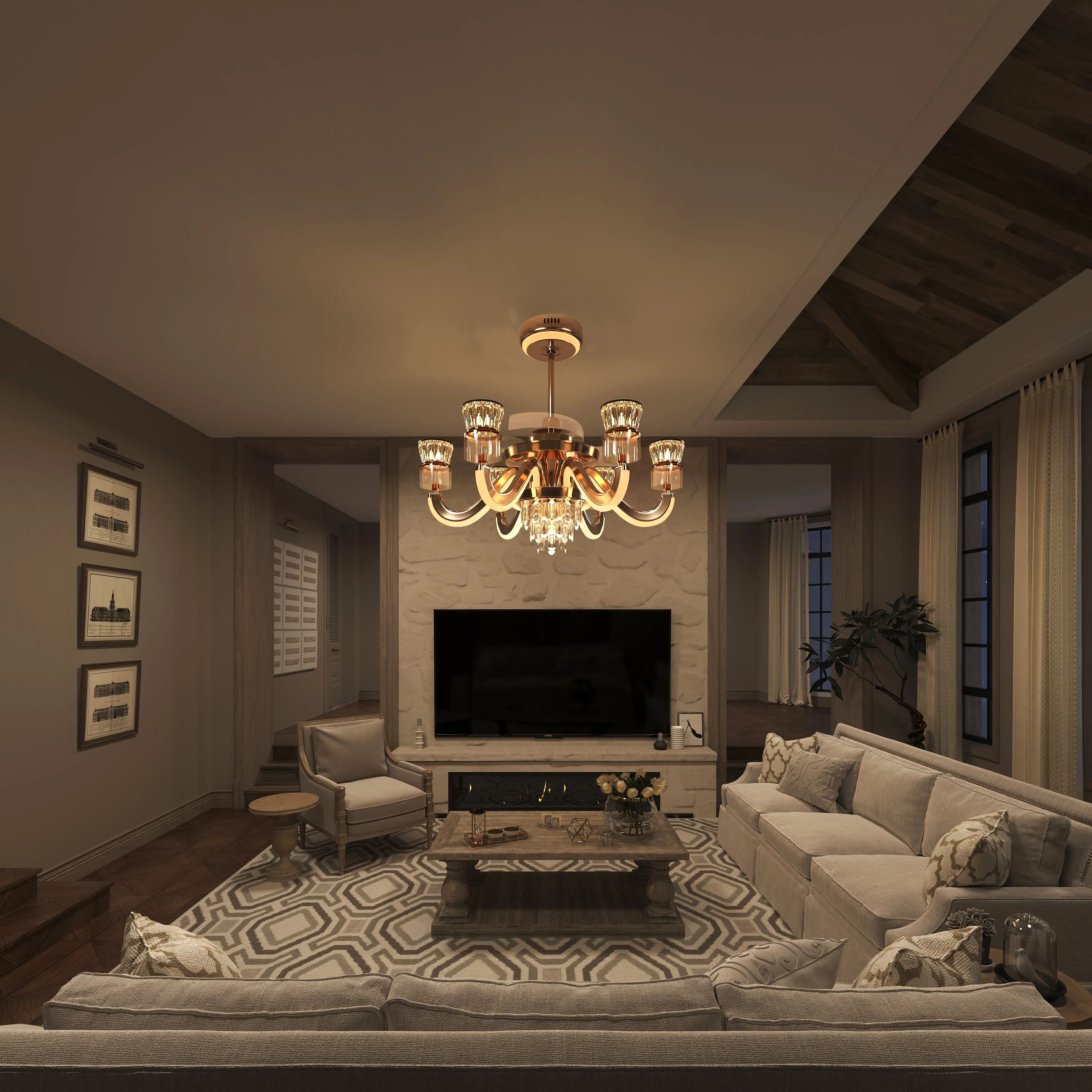 Palace Crystal Ceiling Fan with LED Lights - Golden, Zinc Alloy product
