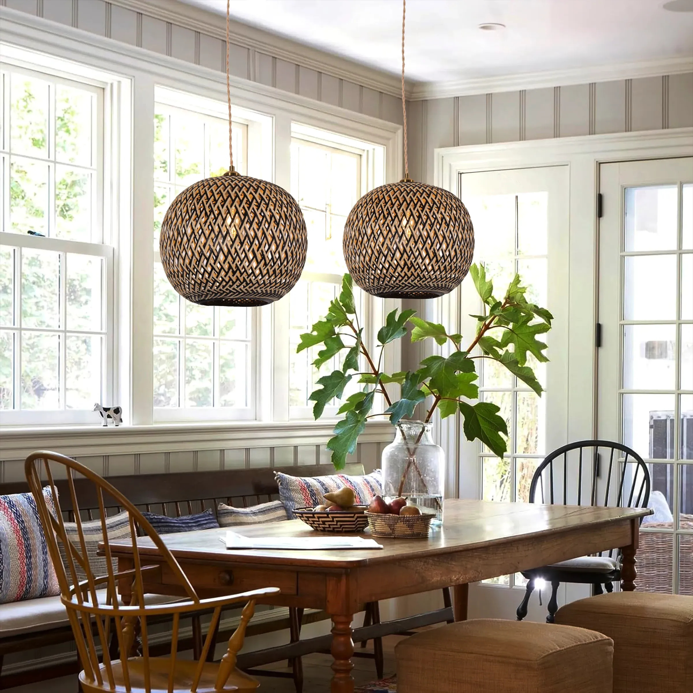 Pendant Light with Adjustable Cord - Black, Bamboo