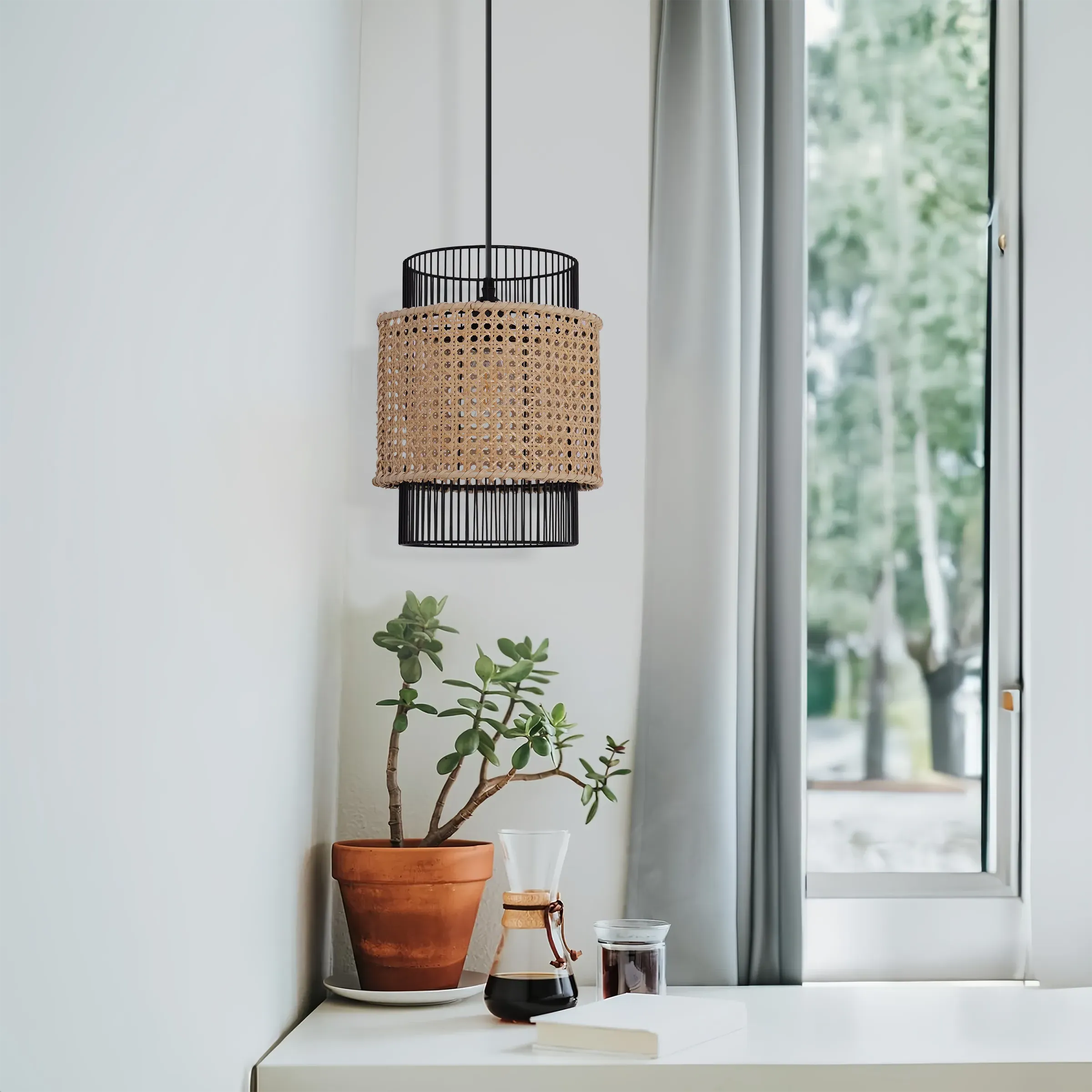 Pendant Light with Handwoven Shade - Black, Rattan