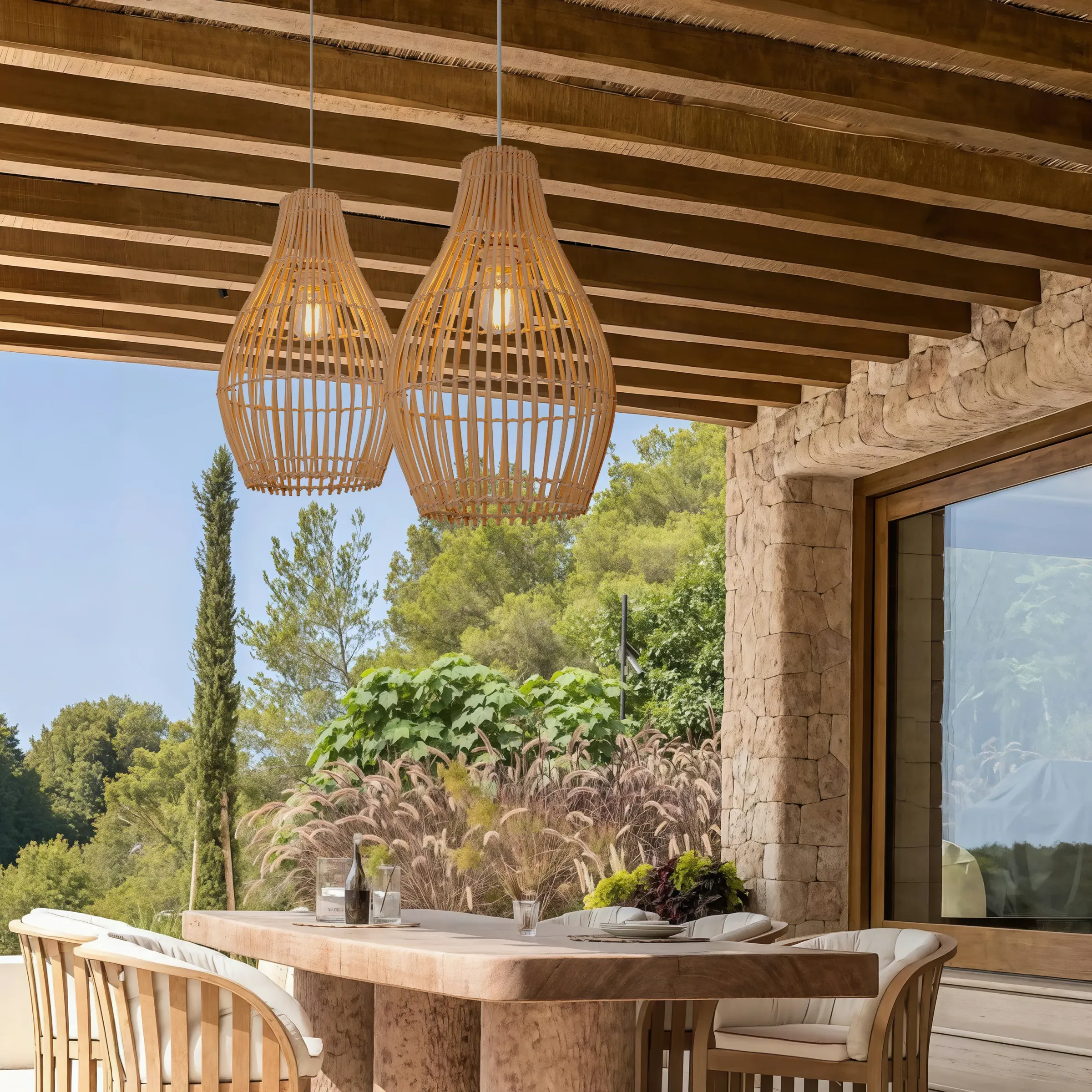 Pendant Light with Iron Frame - Natural, Rattan