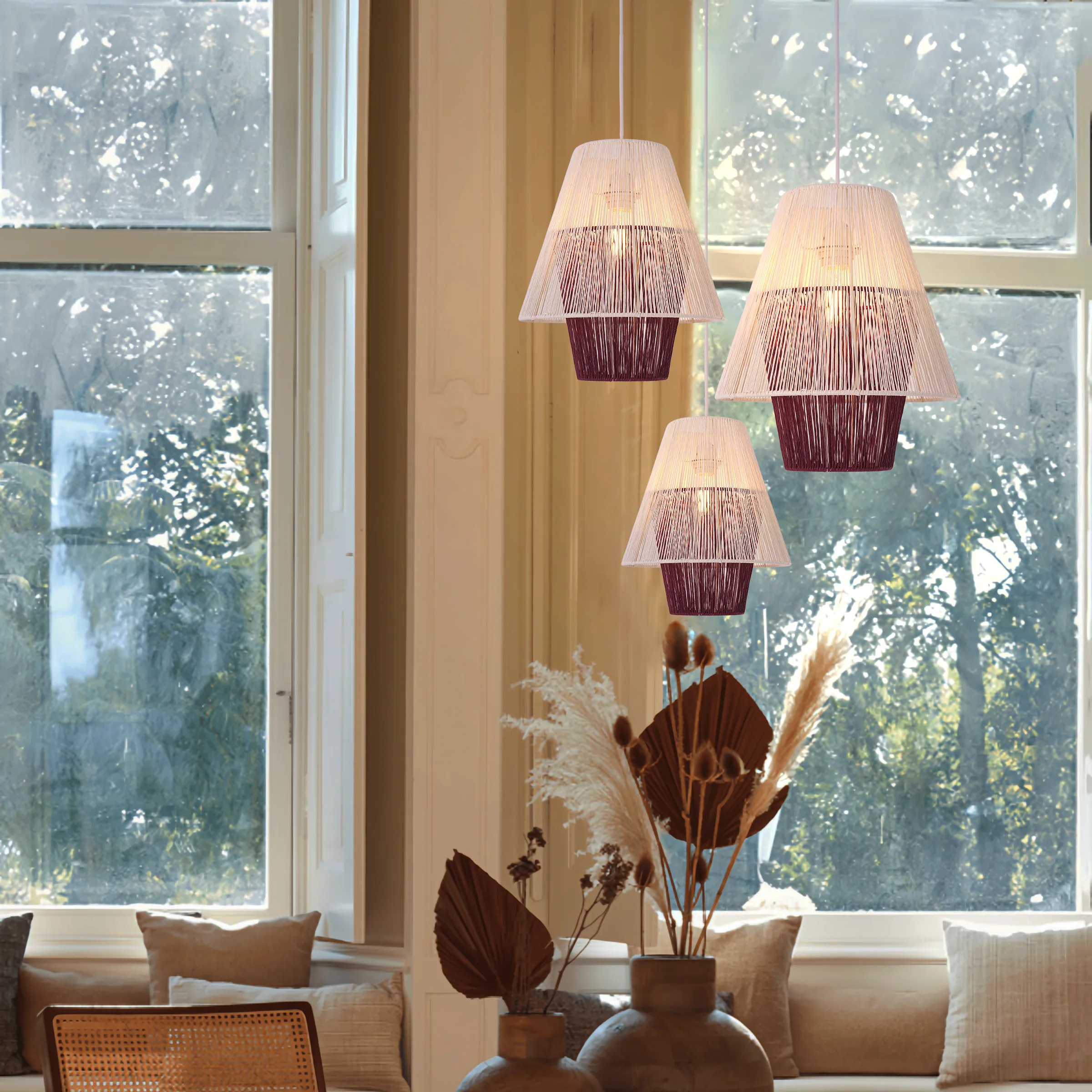 Pendant Light with Paper Rope Design - White & Purple, Iron product