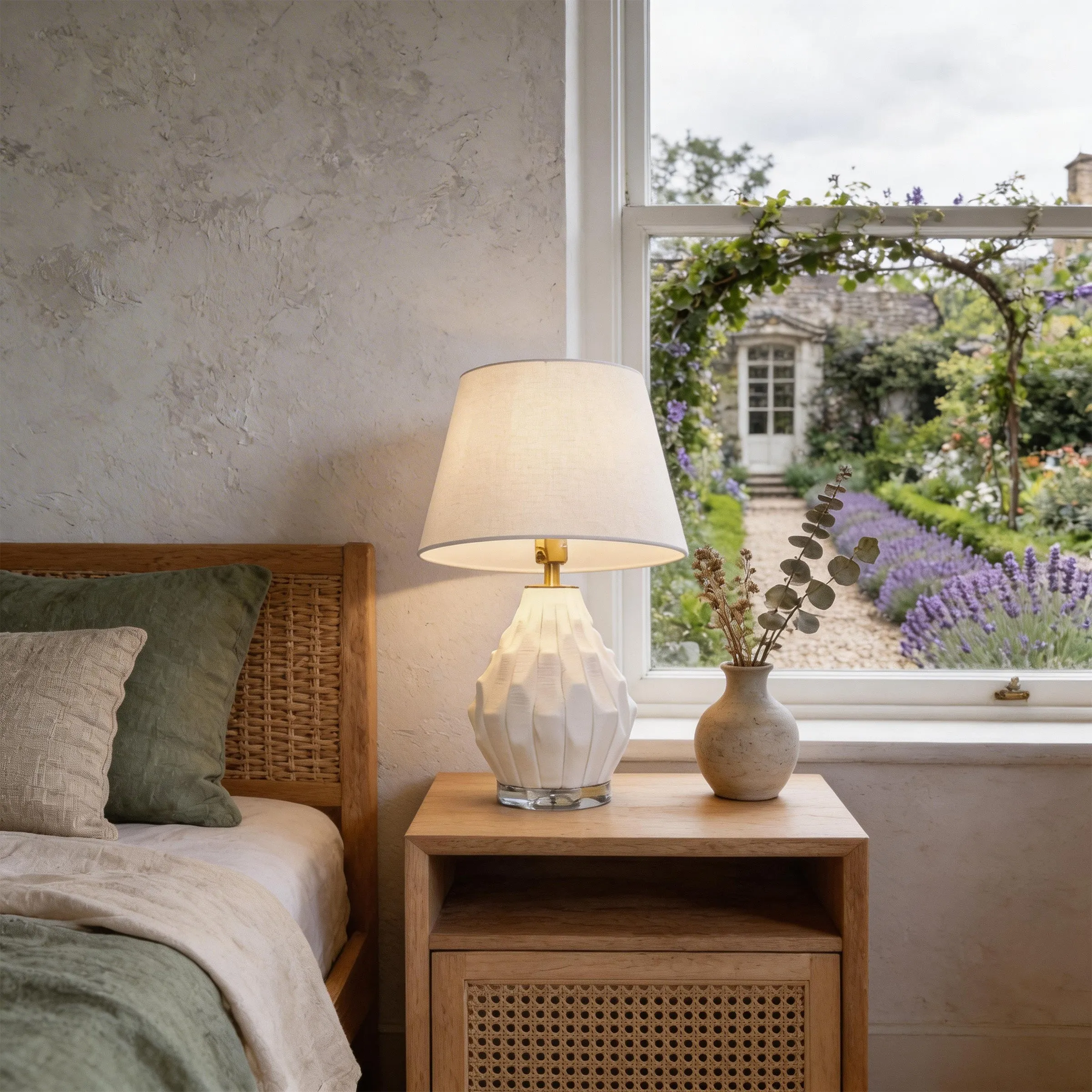 Polygonal Textured Table Lamp with Fabric Shade - White, Ceramic product
