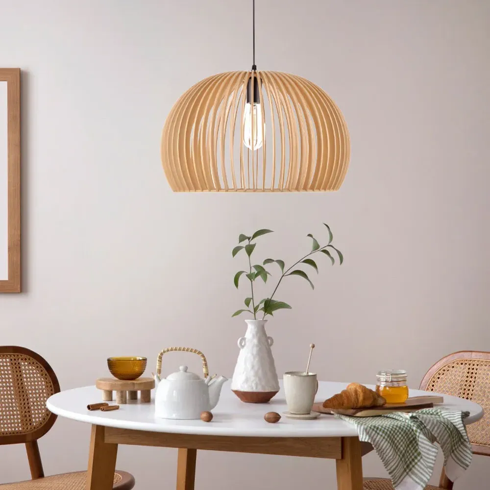 Pumpkin-Shaped Pendant Light with LED - Wood