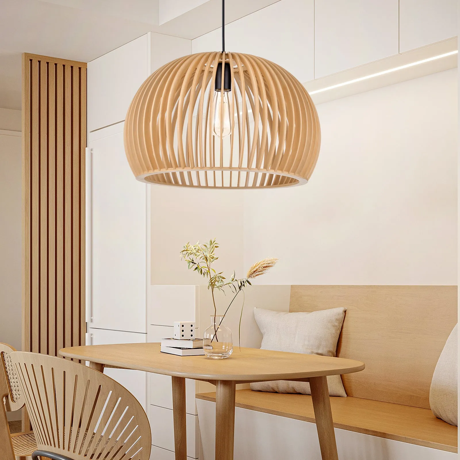 Pumpkin-Shaped Pendant Light with LED - Wood