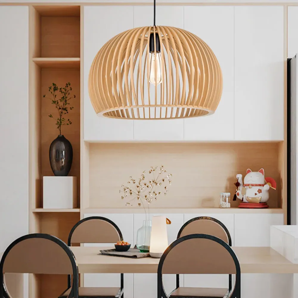 Pumpkin-Shaped Pendant Light with LED - Wood