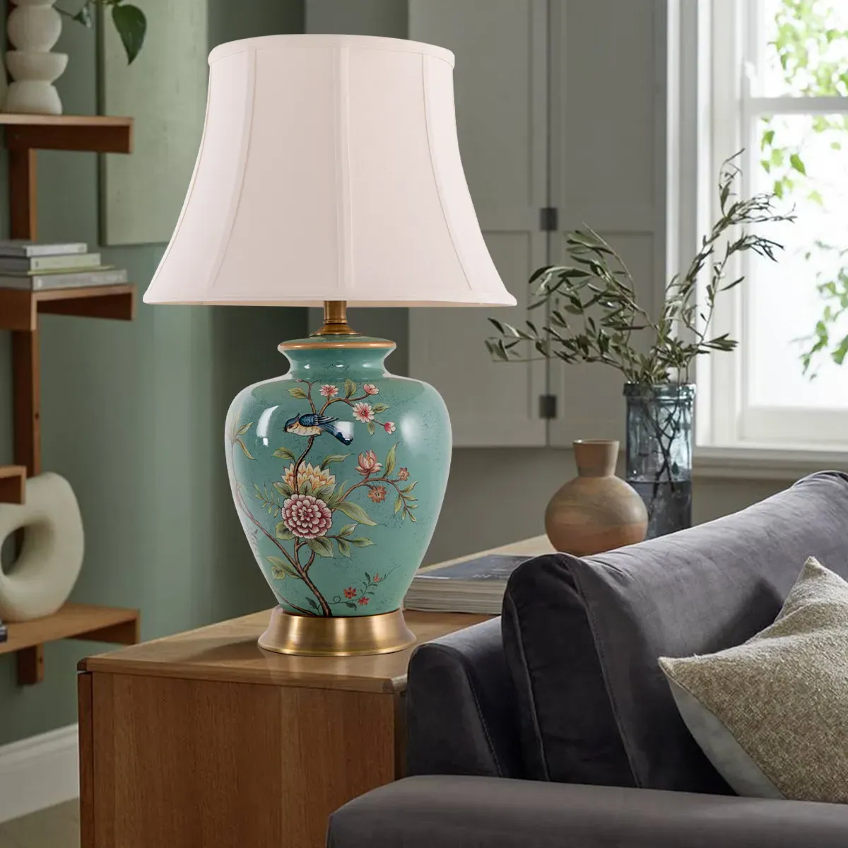 Round Ceramic Table Lamp - Green, Fabric image