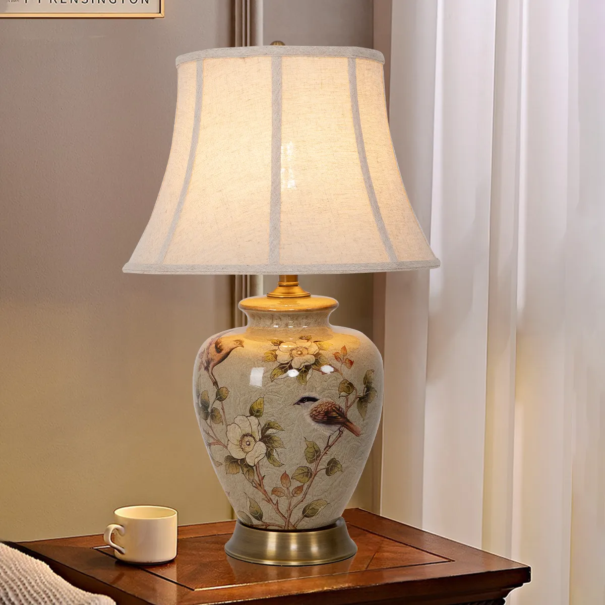 Round Ceramic Table Lamp - Green, Fabric