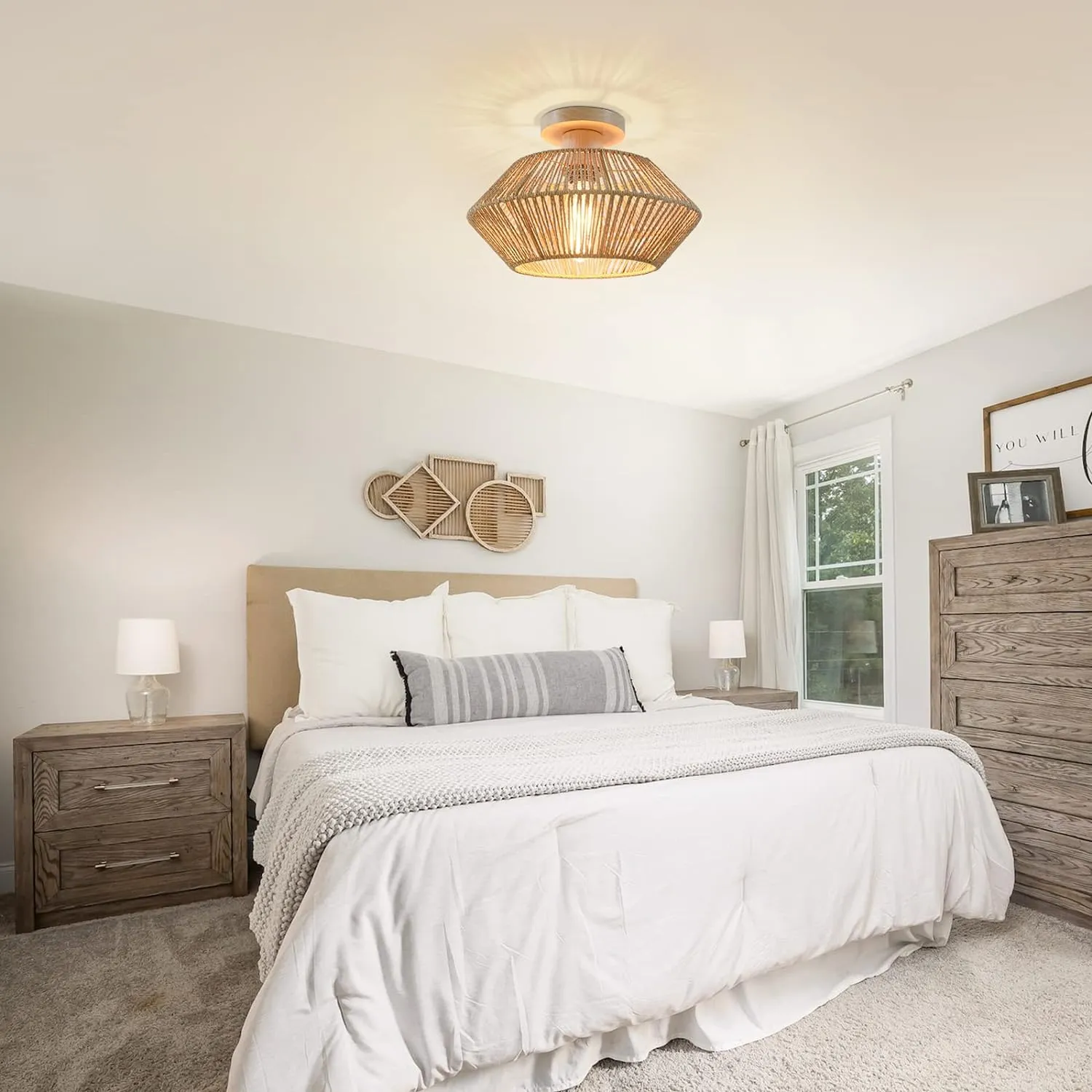 Round Flush Ceiling Light - Natural, Hemp Rope