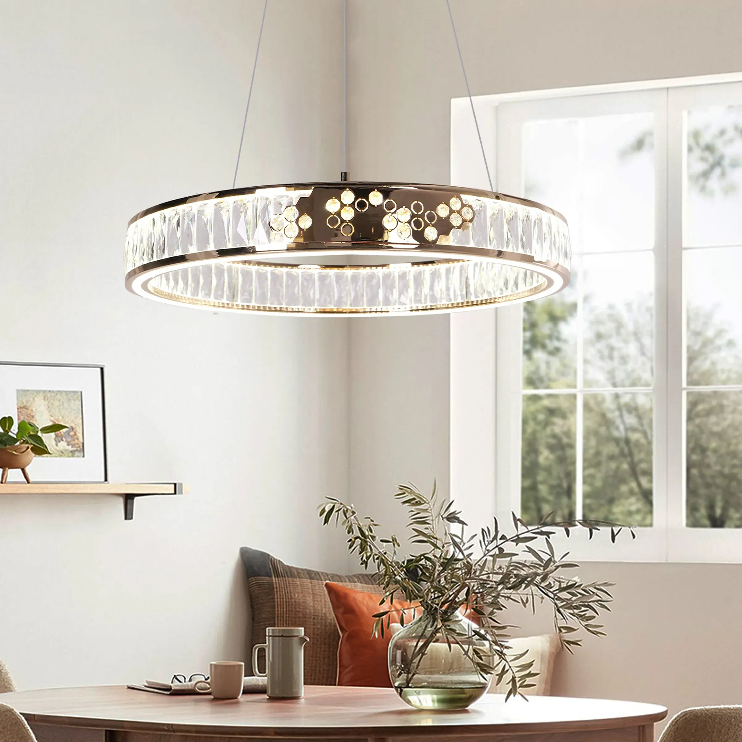 Round LED Pendant Light with Crystals - Gold image