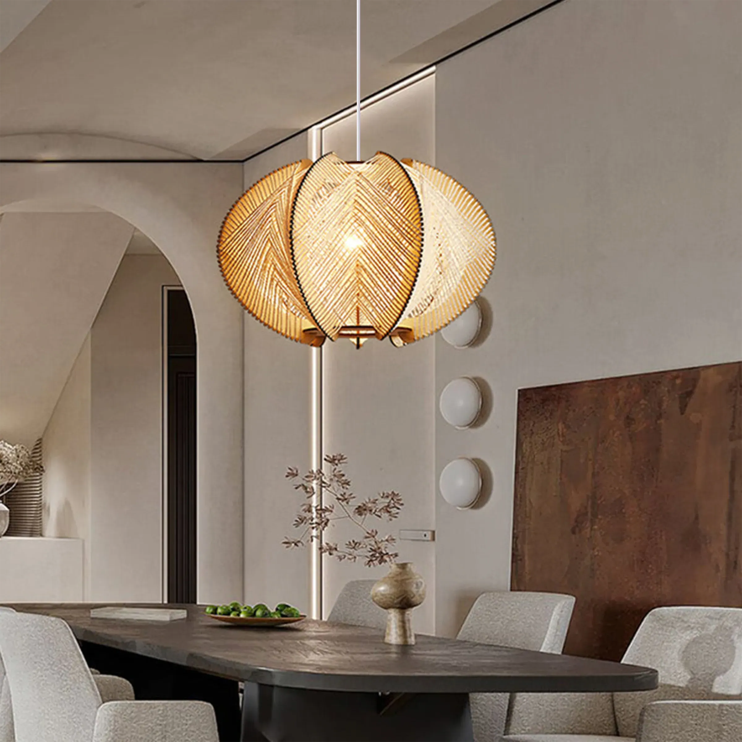 Round LED Pendant Light with Hemp Rope - Wood image