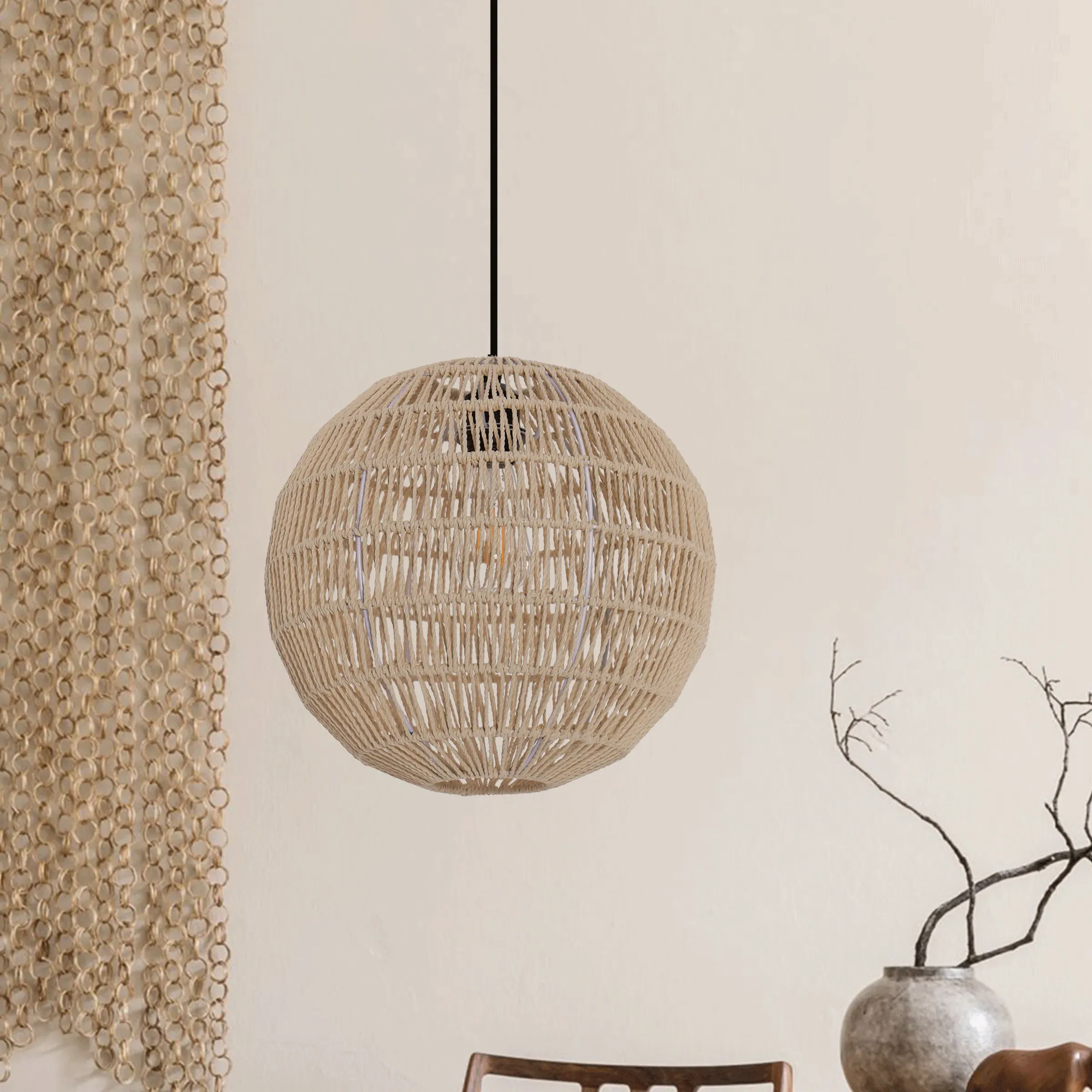 Round Pendant Light Handwoven - Brown, Cotton Rope