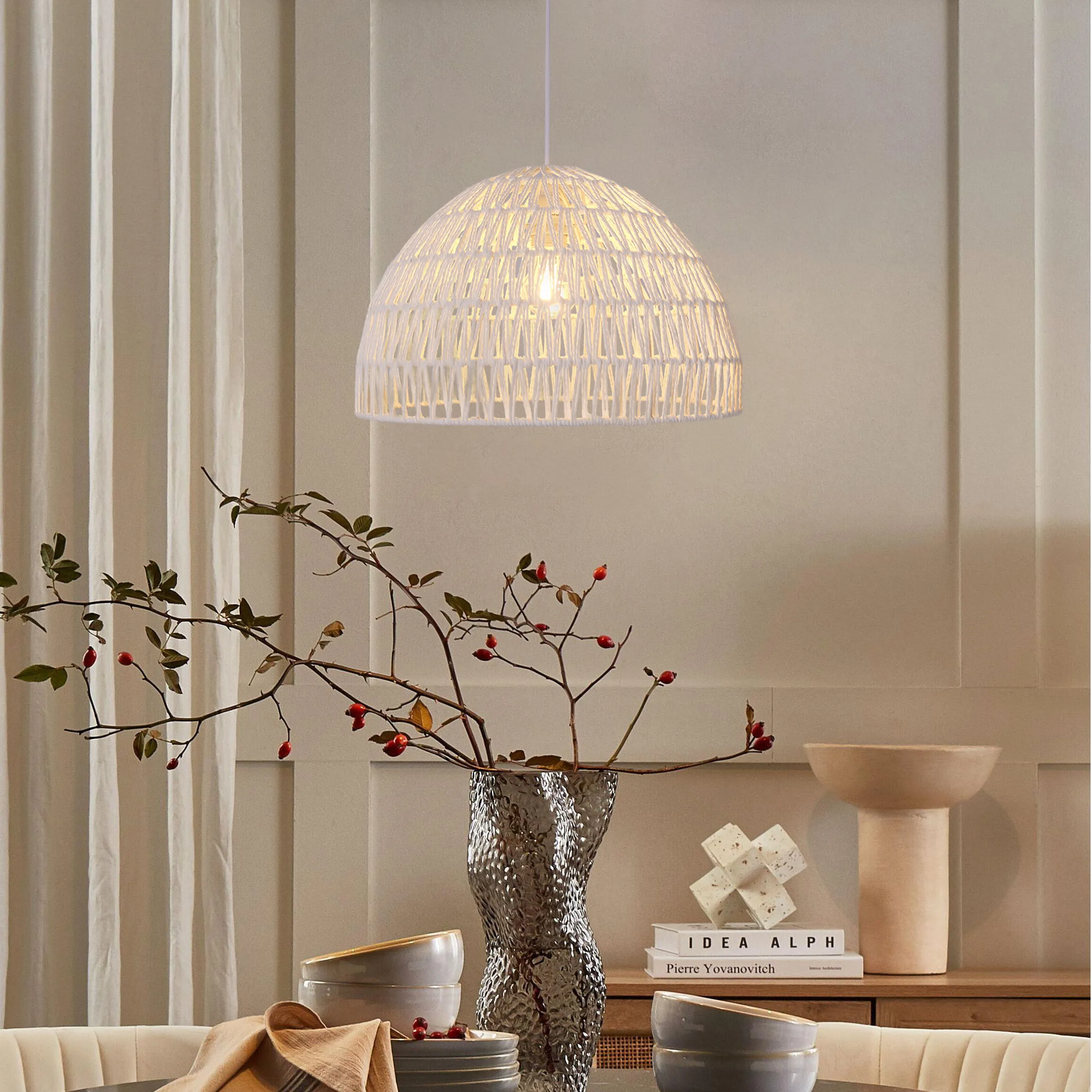 Round Pendant Light Handwoven - White, Paper Rope image