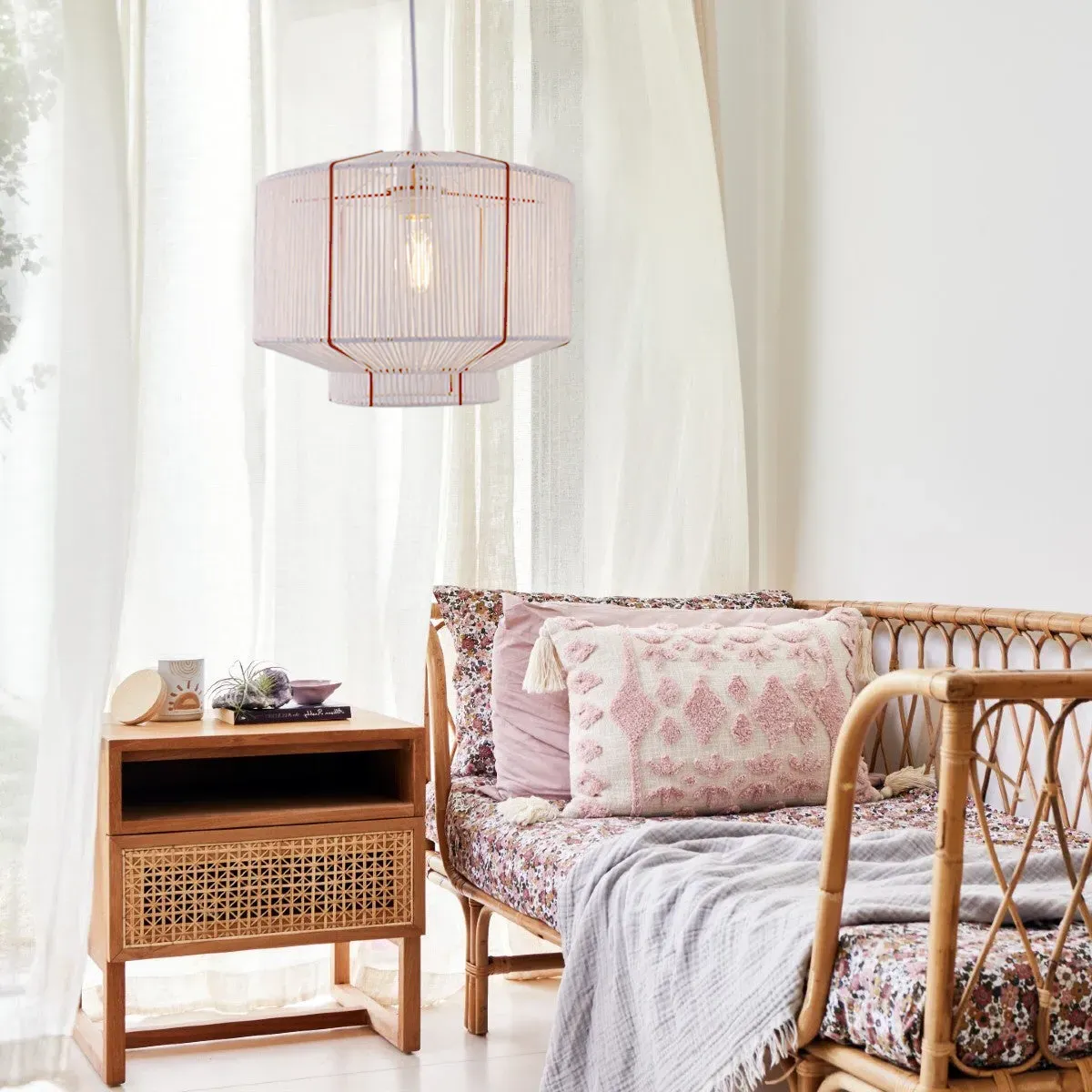 Round Pendant Light Handwoven - White, Paper Rope