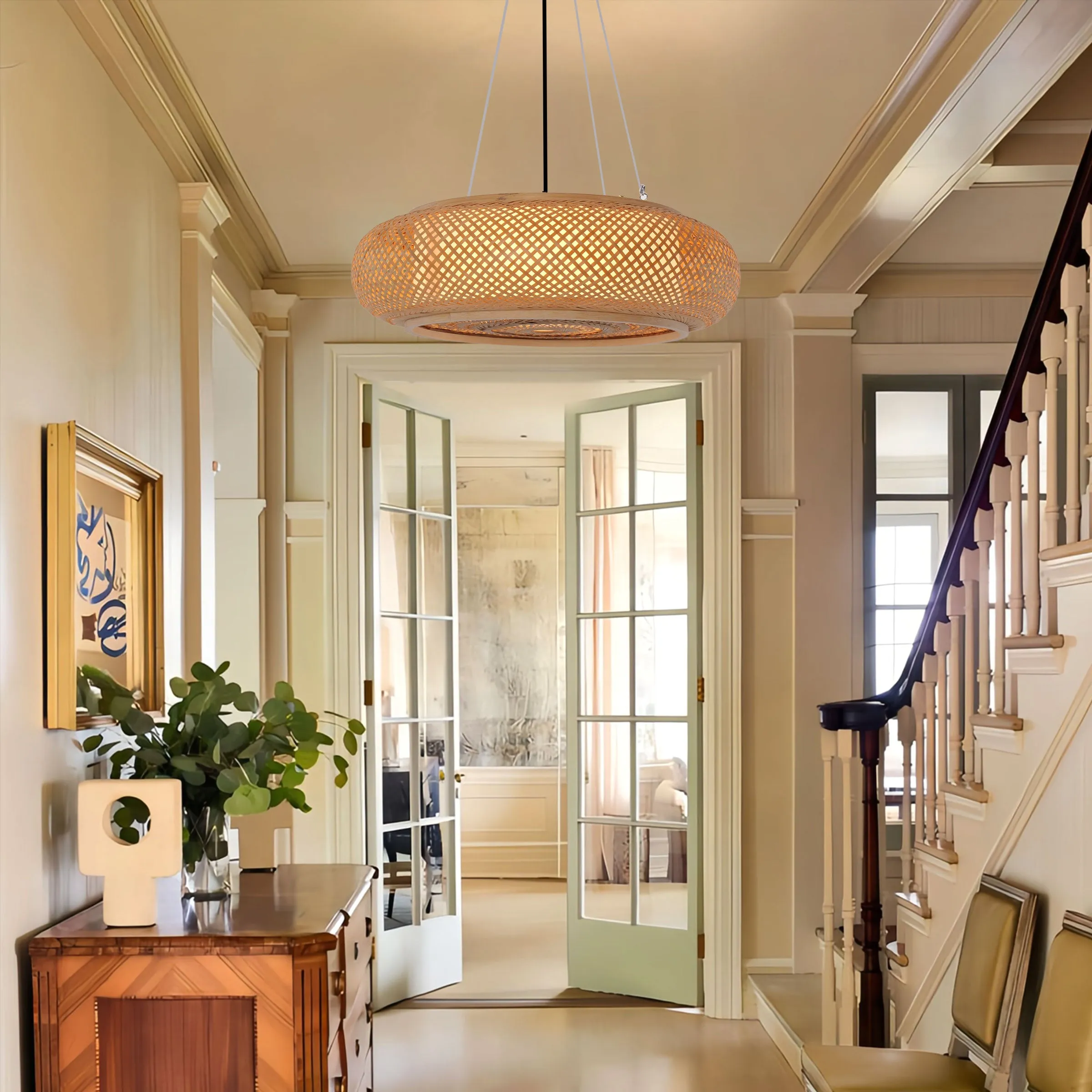 Round Pendant Light with Adjustable Cord - Brown, Bamboo