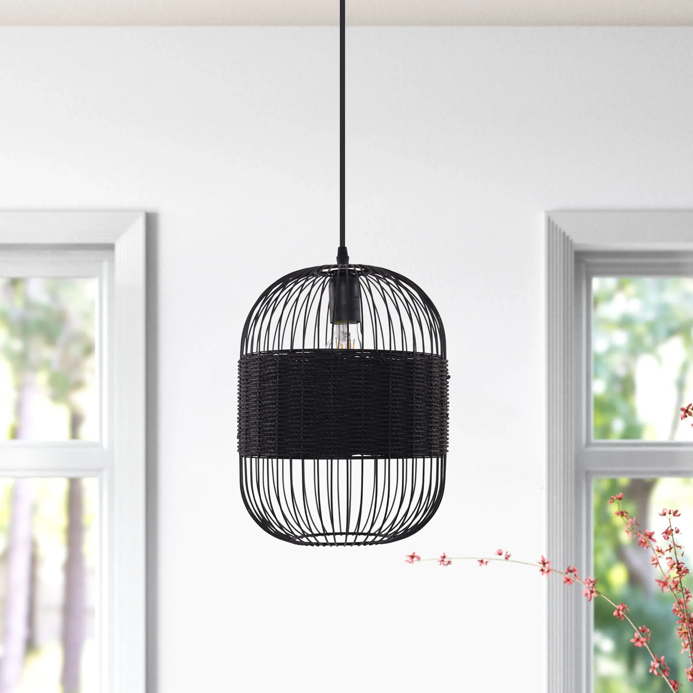 Round Pendant Light with Adjustable Height - Black image