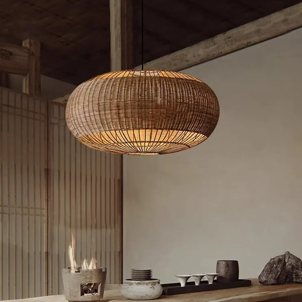 Round Pendant Light with Basket Weave - Rattan
