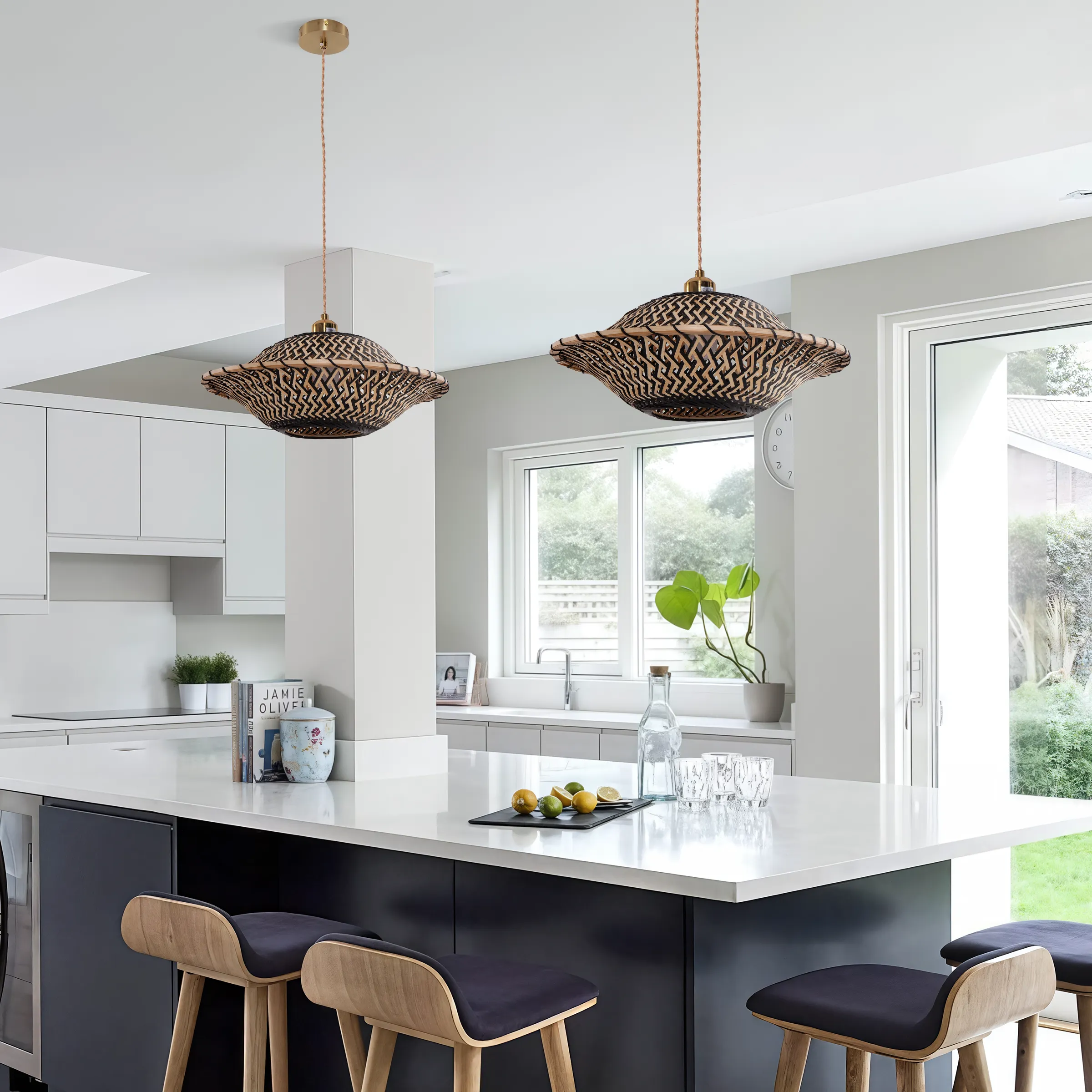 Round Pendant Light with E27 Socket - Brown, Bamboo