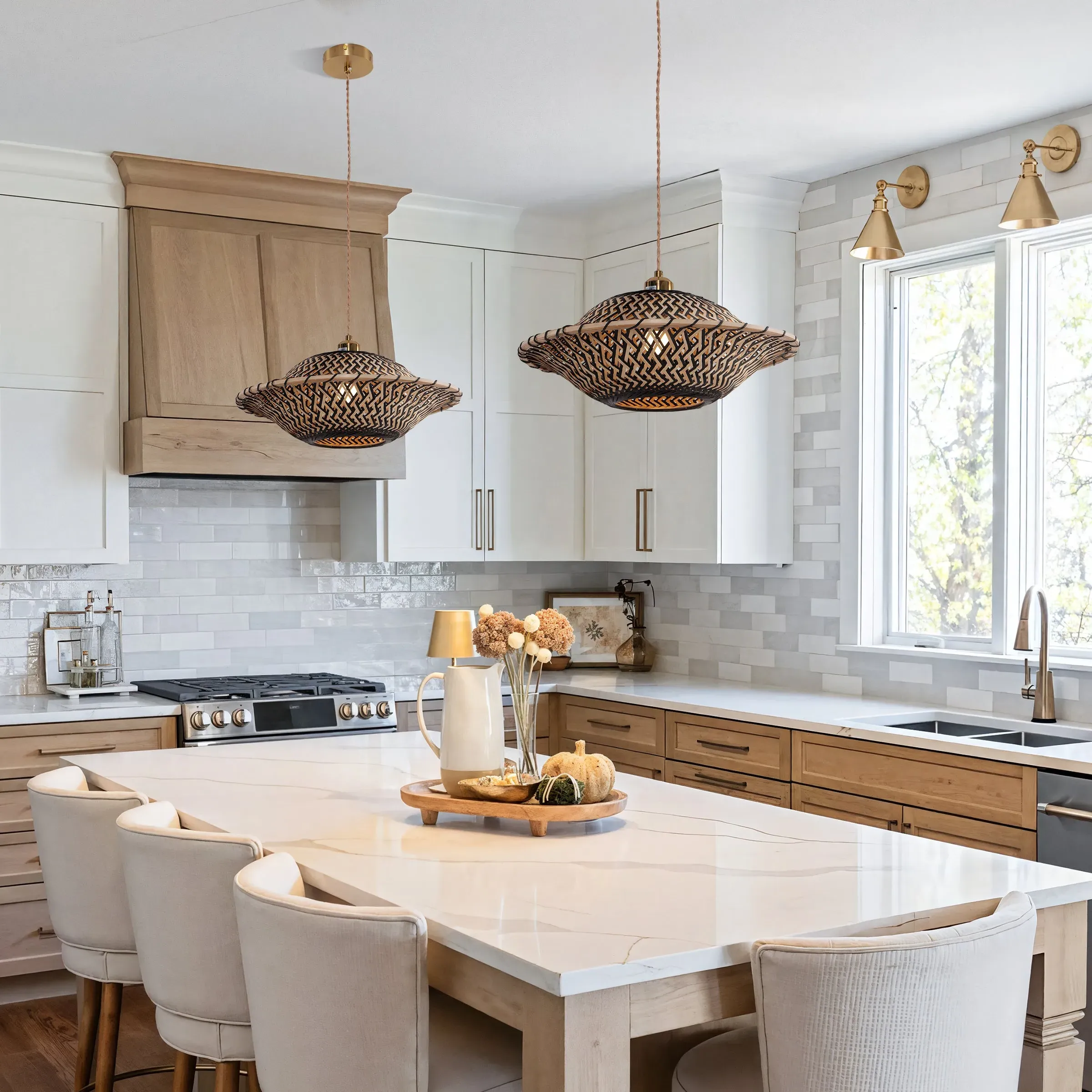 Round Pendant Light with E27 Socket - Brown, Bamboo