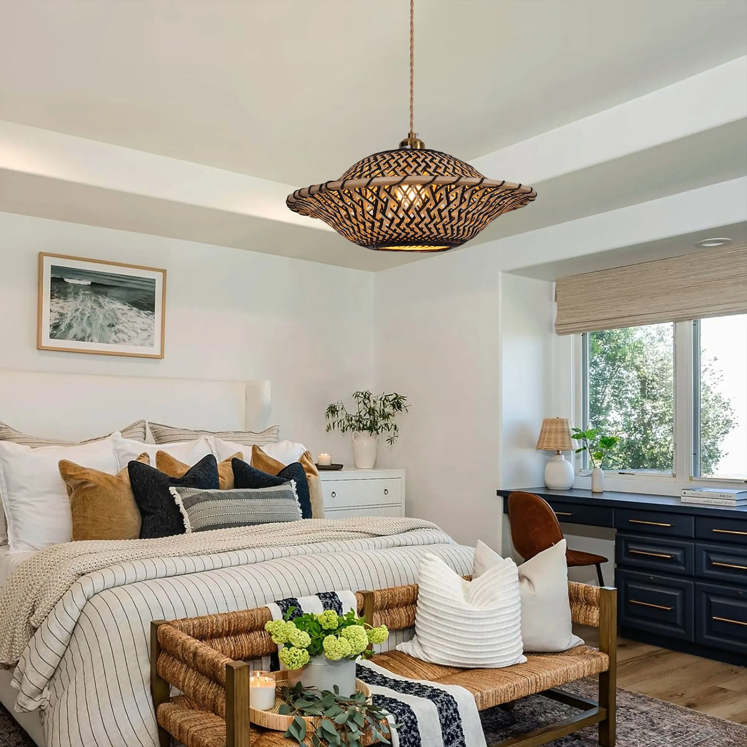 Round Pendant Light with E27 Socket - Brown, Bamboo