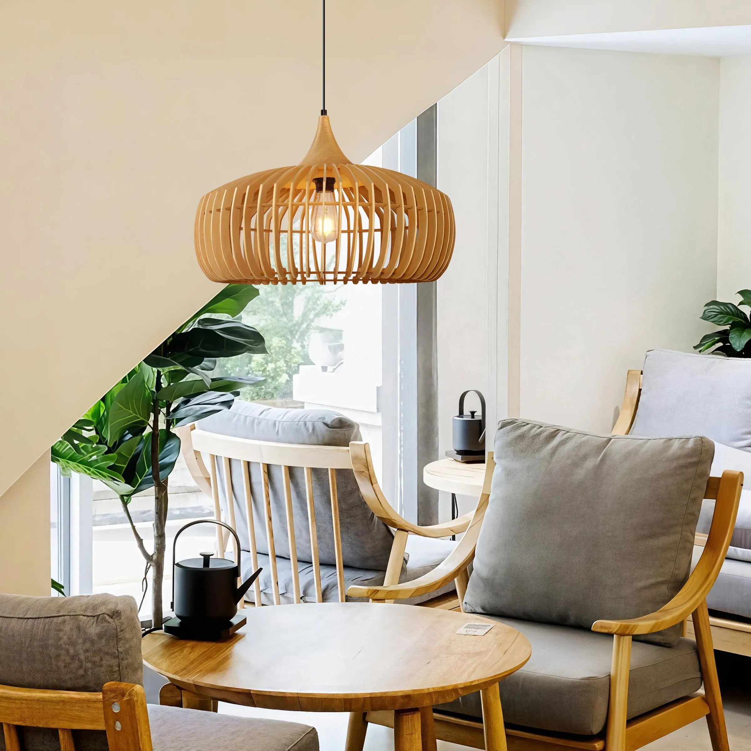 Round Pendant Light with E27 Socket - Natural, Wood