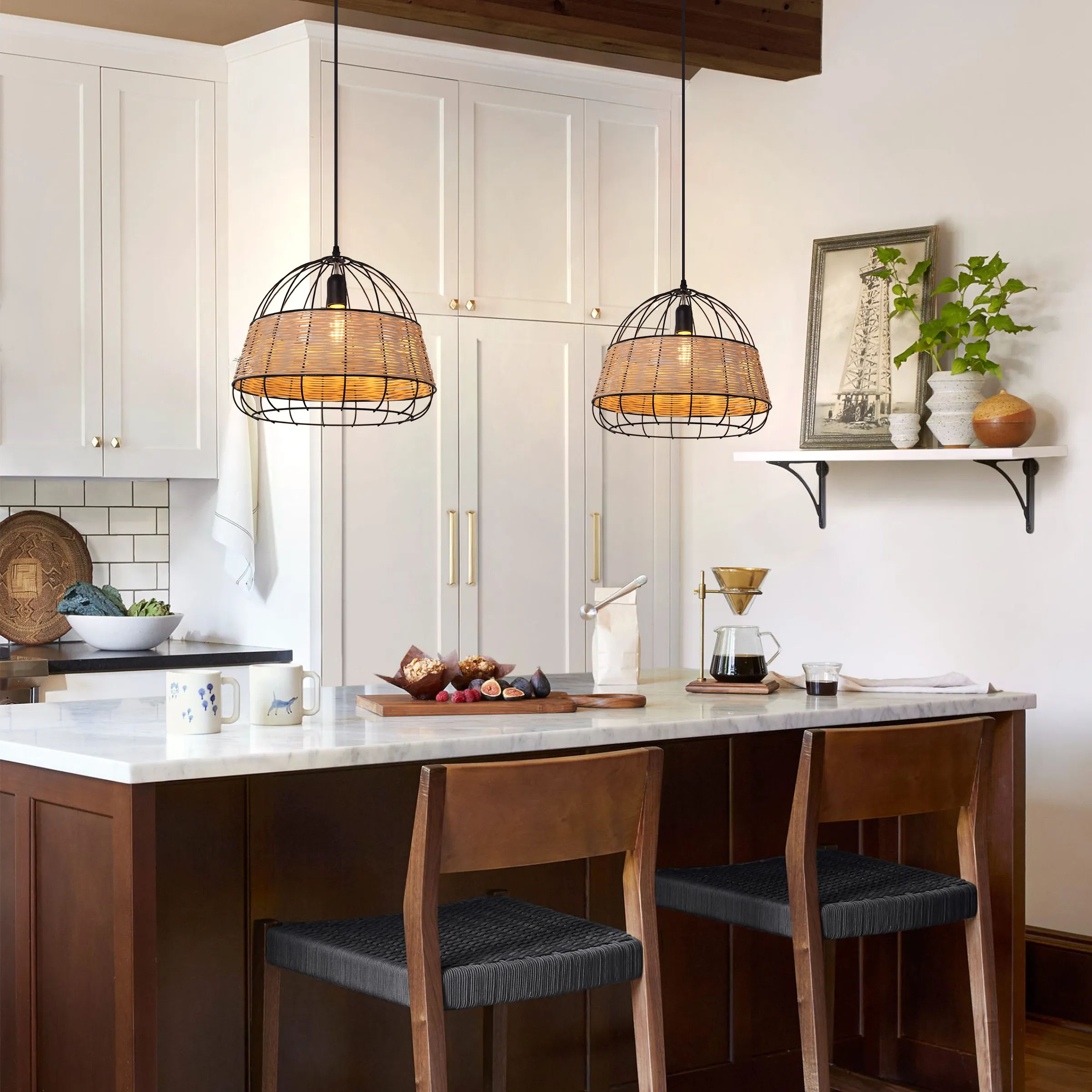 Round Pendant Light with Iron Frame - Natural, Rattan