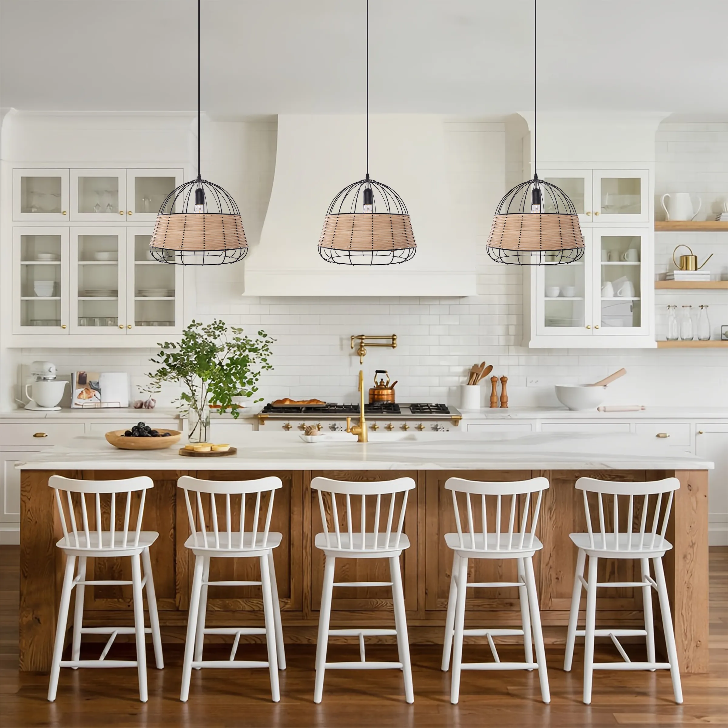 Round Pendant Light with Iron Frame - Natural, Rattan