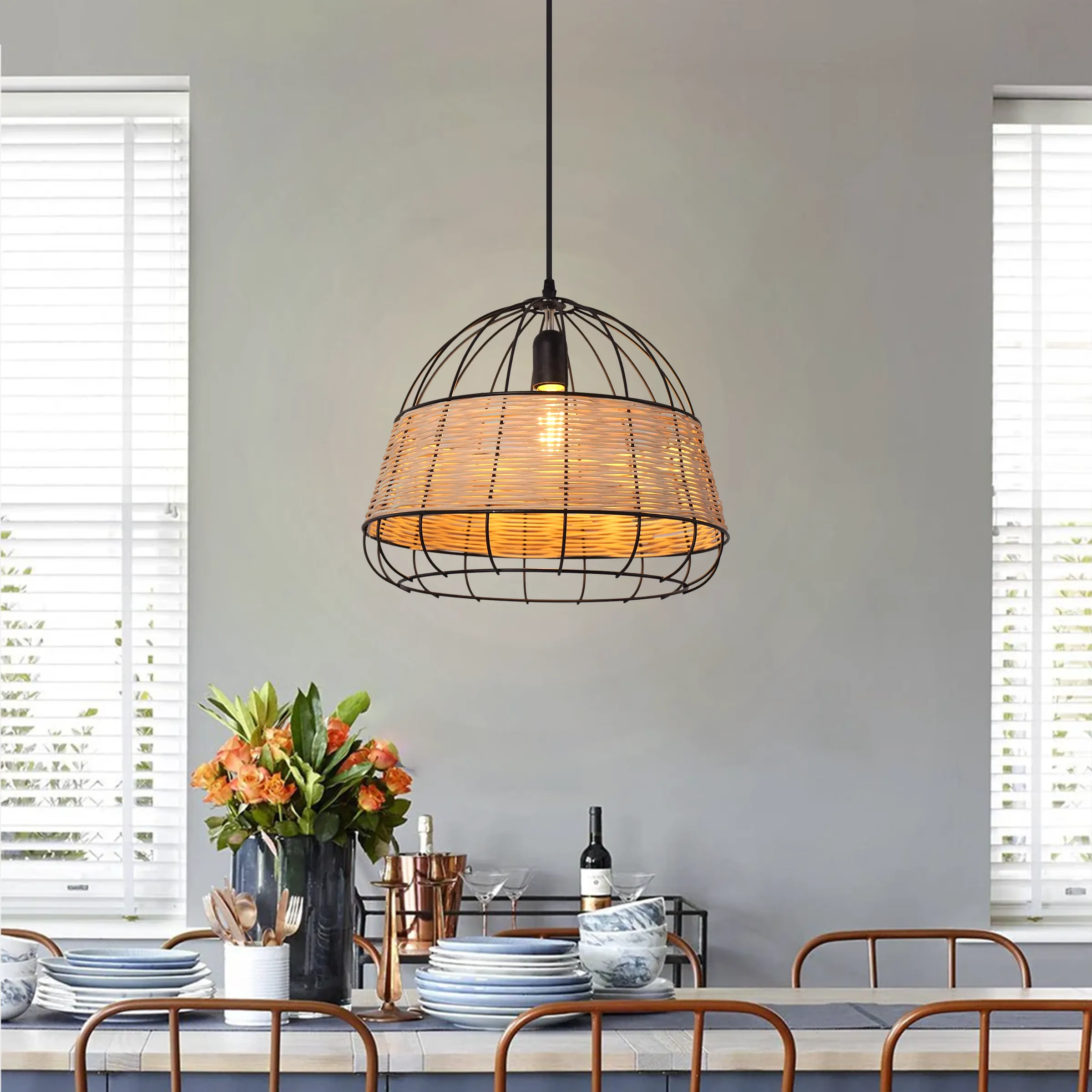 Round Pendant Light with Iron Frame - Natural, Rattan