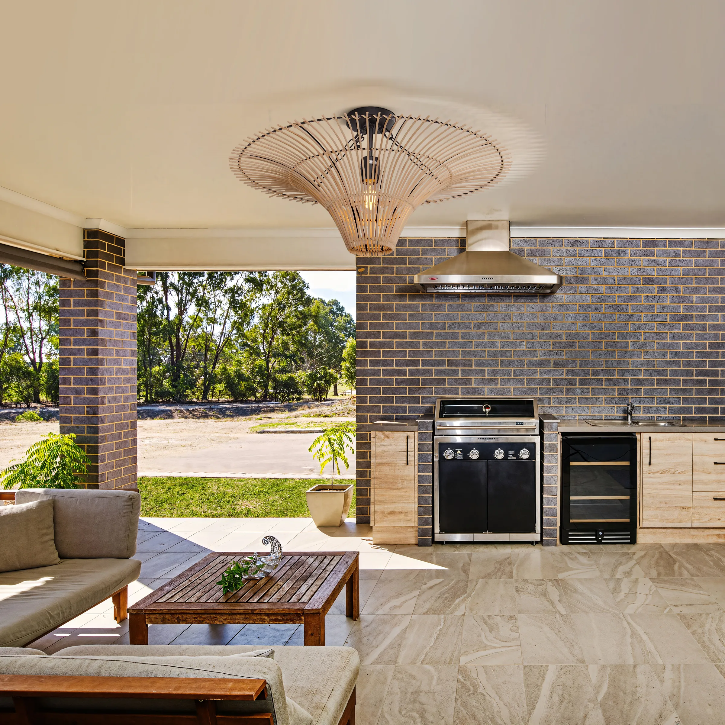 Round Pendant Light with LED - Natural, Rattan