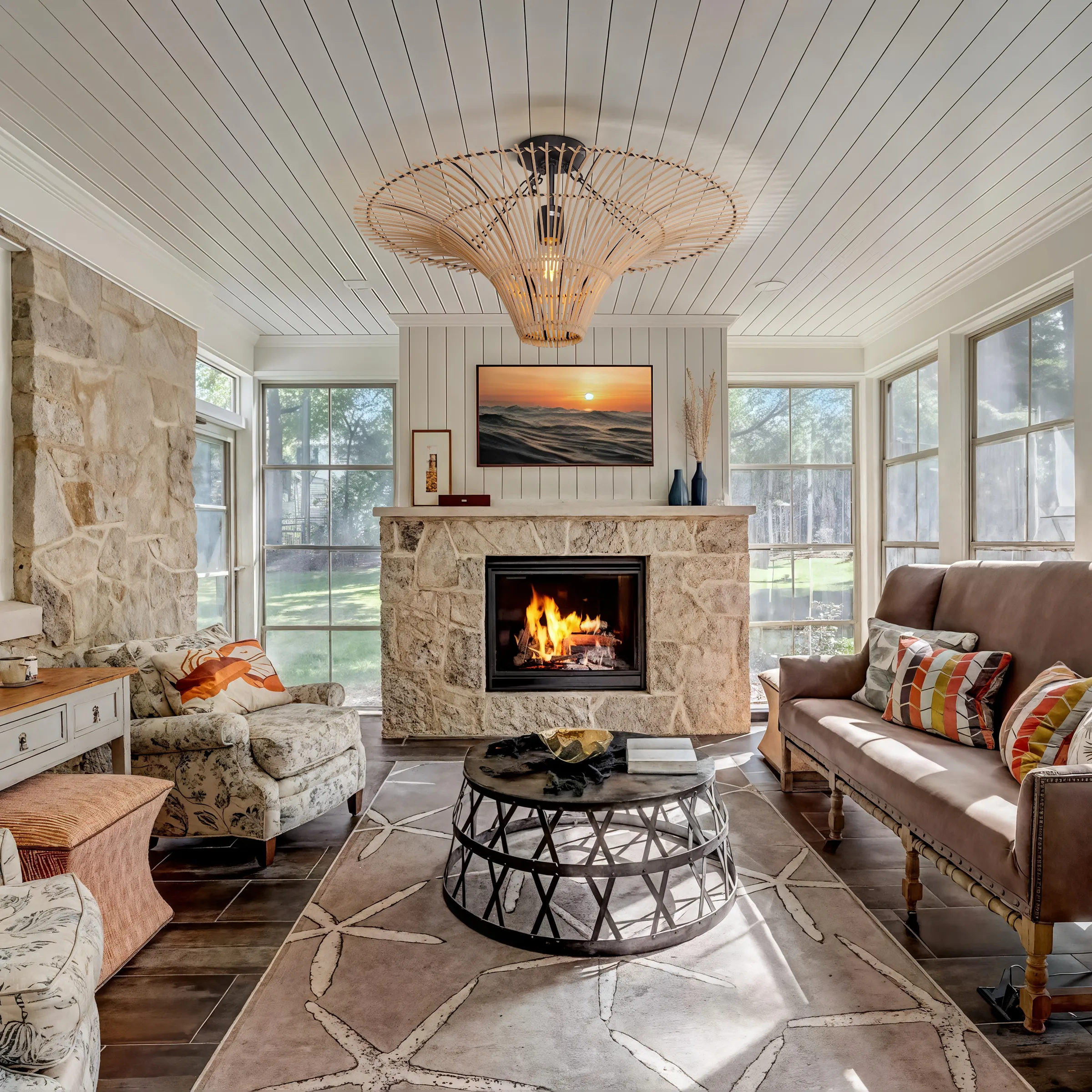 Round Pendant Light with LED - Natural, Rattan