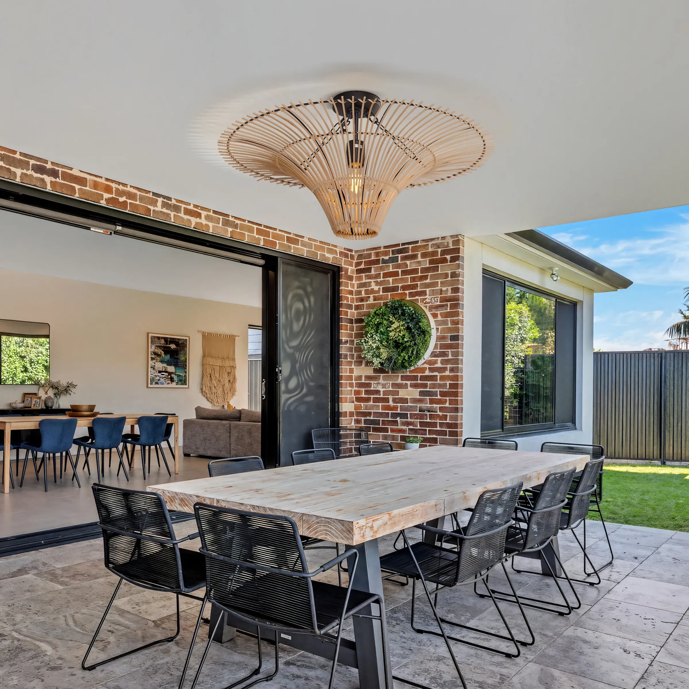 Round Pendant Light with LED - Natural, Rattan