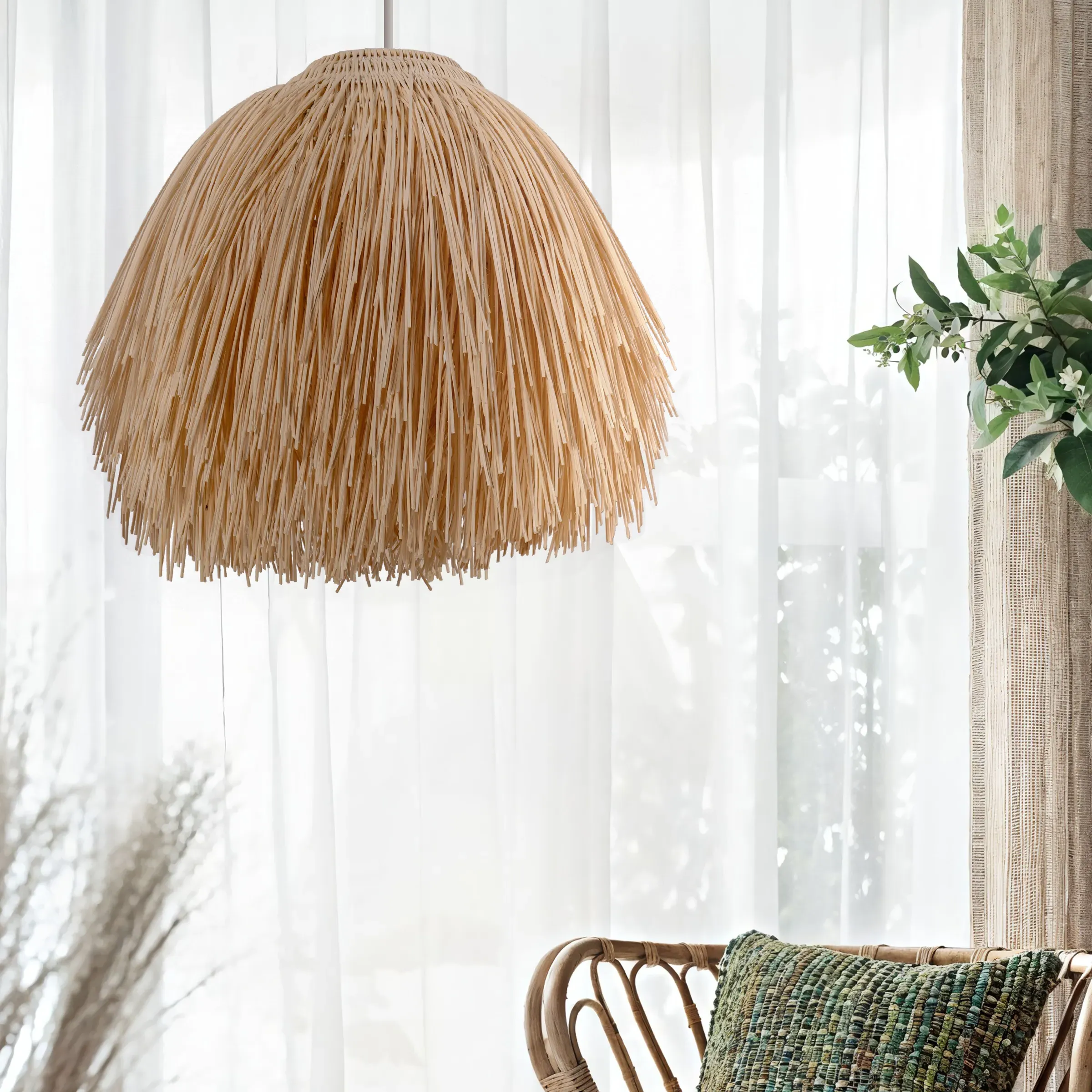 Round Pendant Light with Rattan Shade - Natural