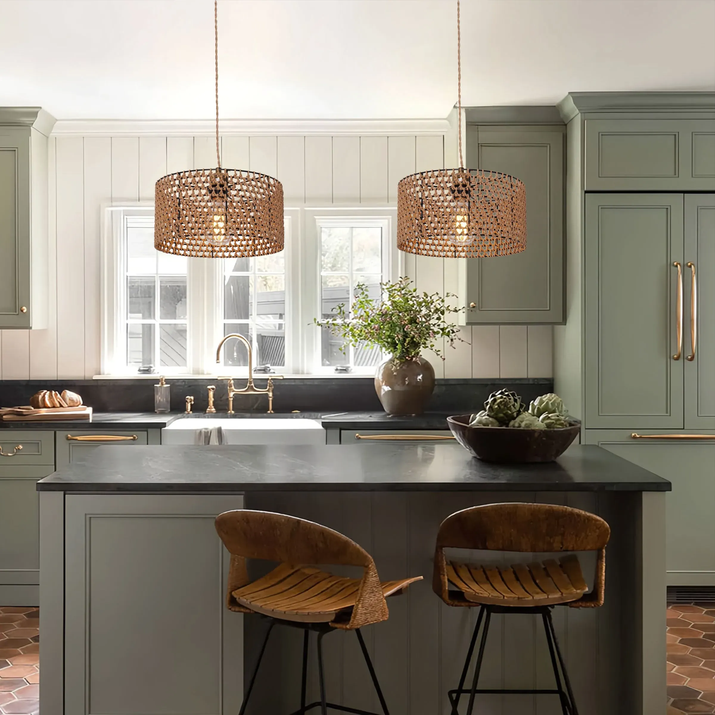 Round Pendant Light with Rope Shade - Brown, Iron