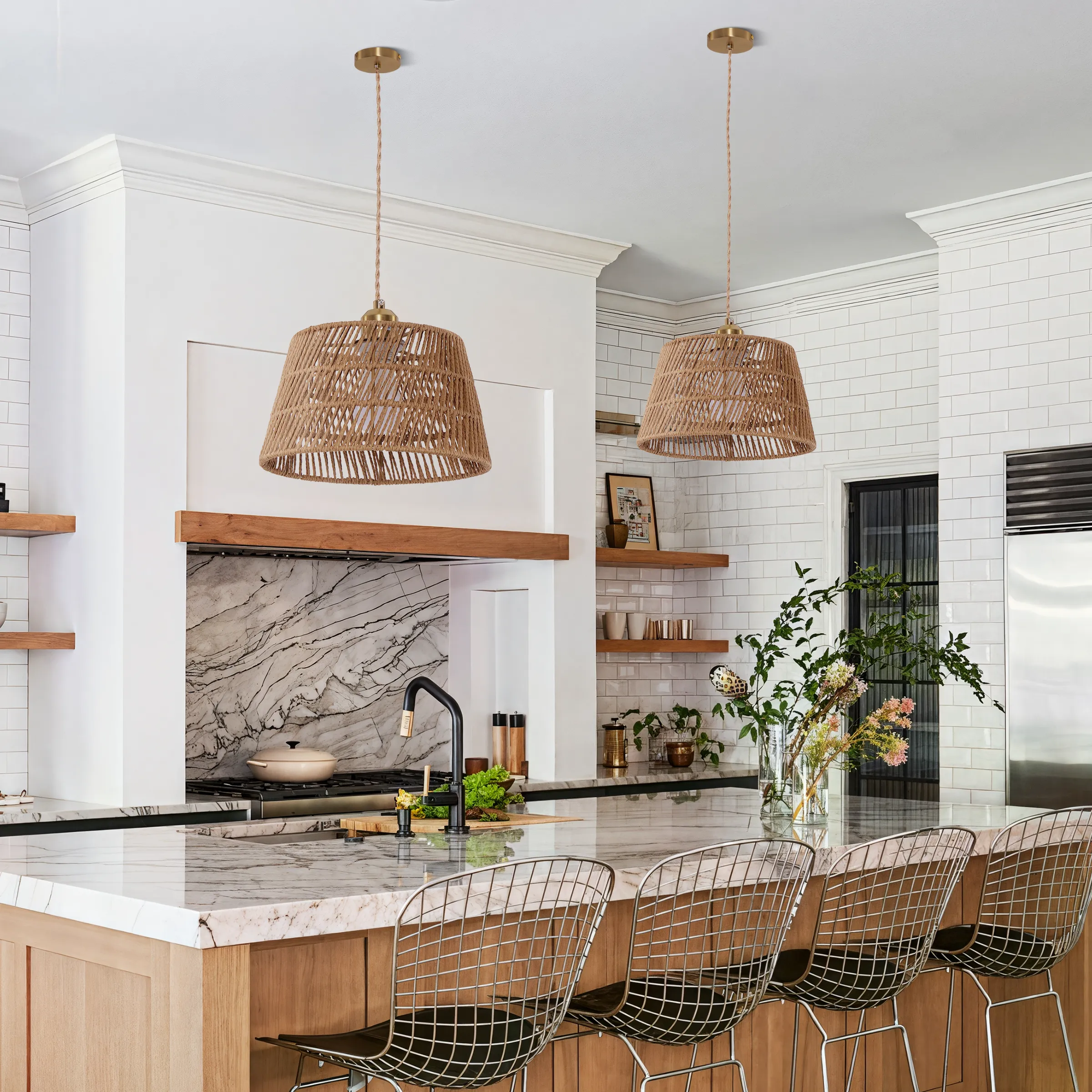 Round Pendant Light with Rope Weave - Brown, Paper