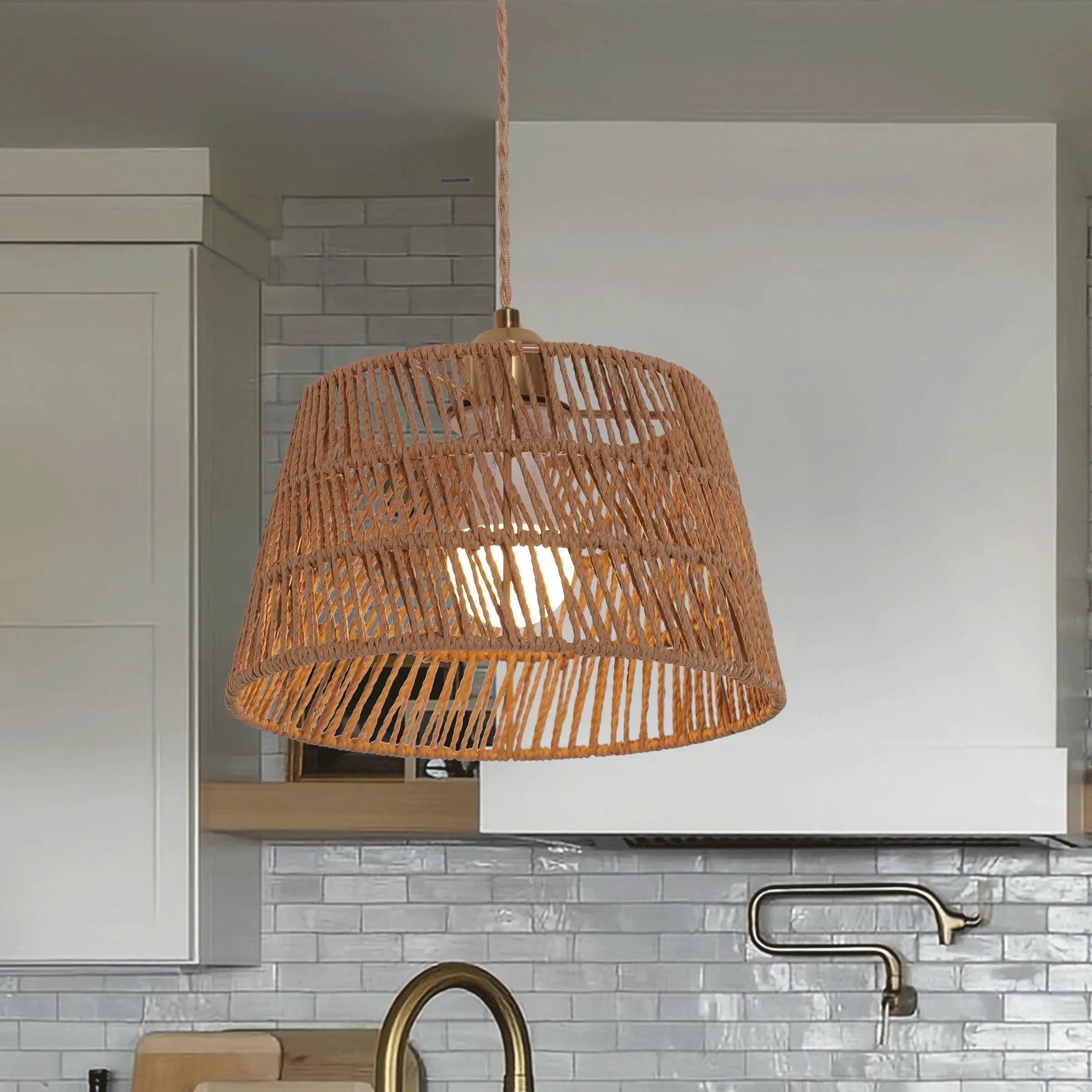 Round Pendant Light with Rope Weave - Brown, Paper image